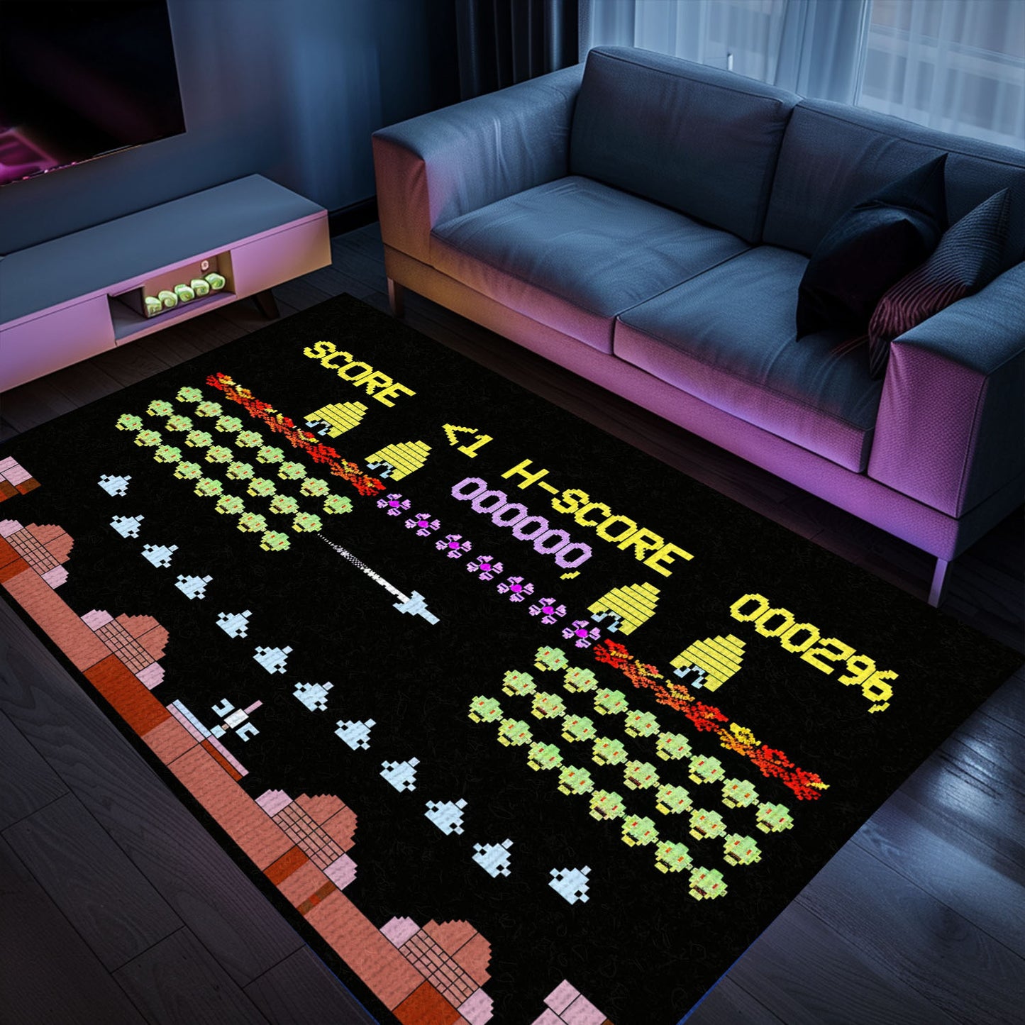 Dark and Neon 80s Arcade Area Rug adorned with Space Invaders: Ideal for Adding Nostalgia to Your Living Space, Arcade Decor, Gift for Gamers, Video Game Lovers G157