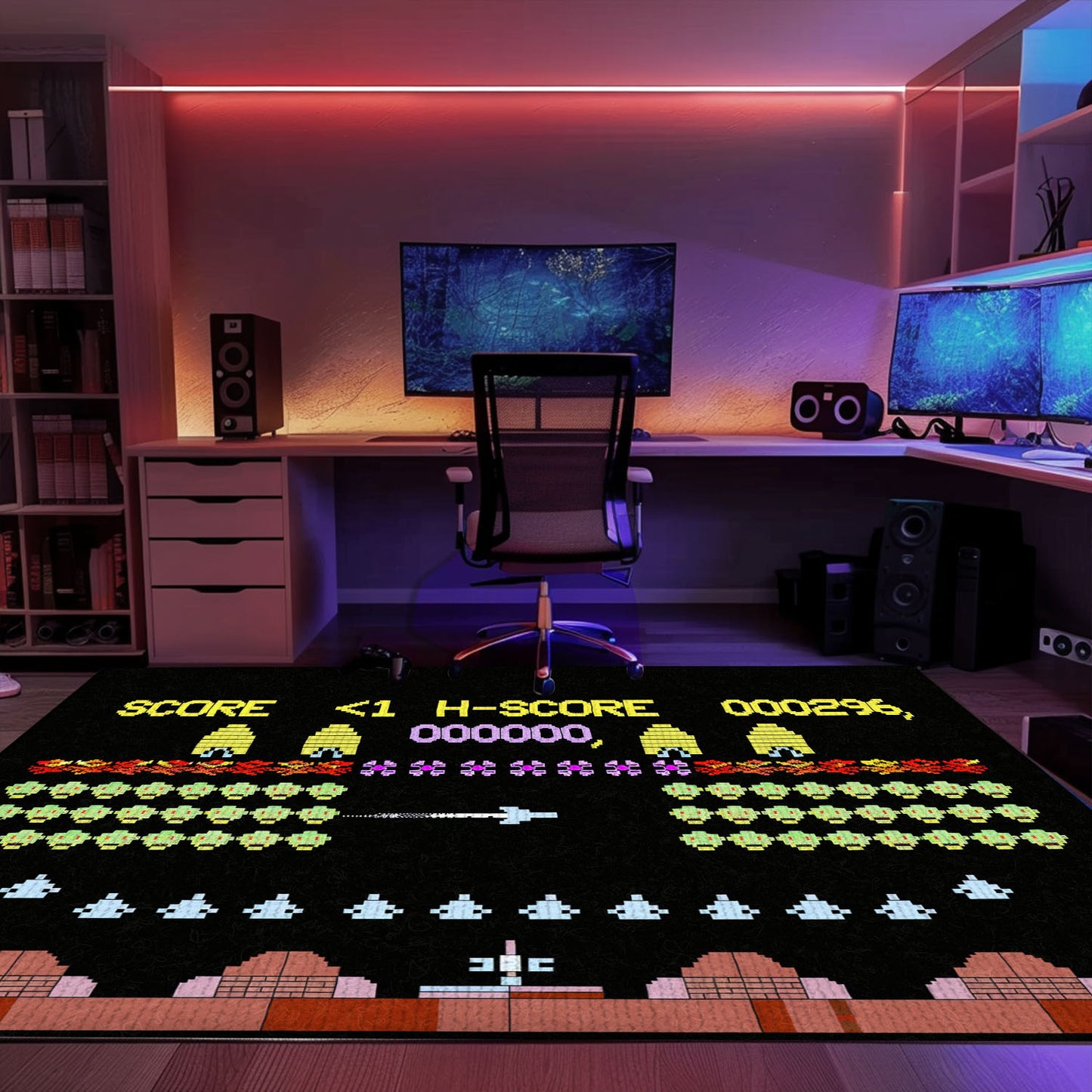 Dark and Neon 80s Arcade Area Rug adorned with Space Invaders: Ideal for Adding Nostalgia to Your Living Space, Arcade Decor, Gift for Gamers, Video Game Lovers G157