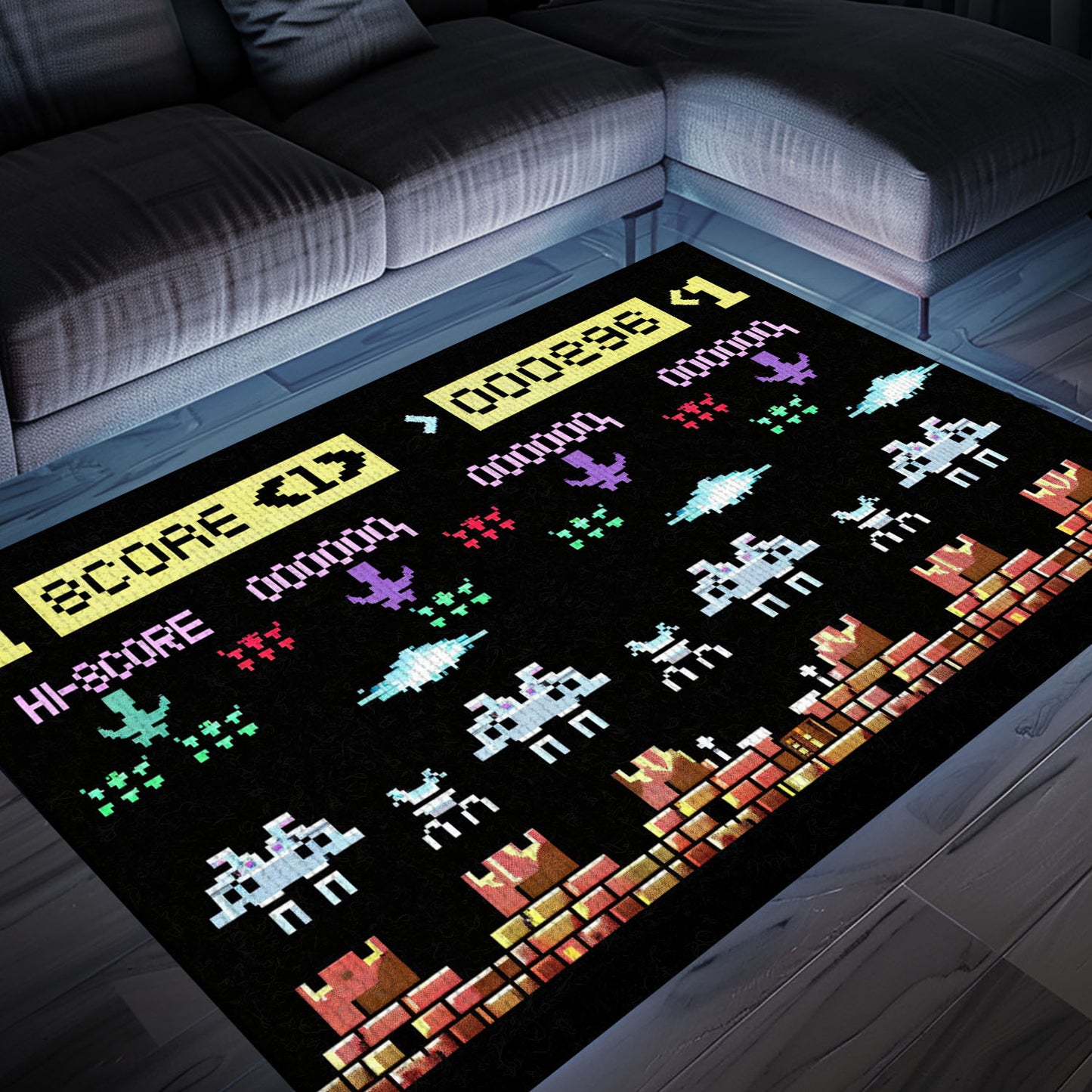 Dark and Neon 80s Arcade Area Rug featuring Space Invaders: Perfect for Gamers Looking for Unique Decor, Arcade Decor, Gift for Gamers, Video Game Lovers G156