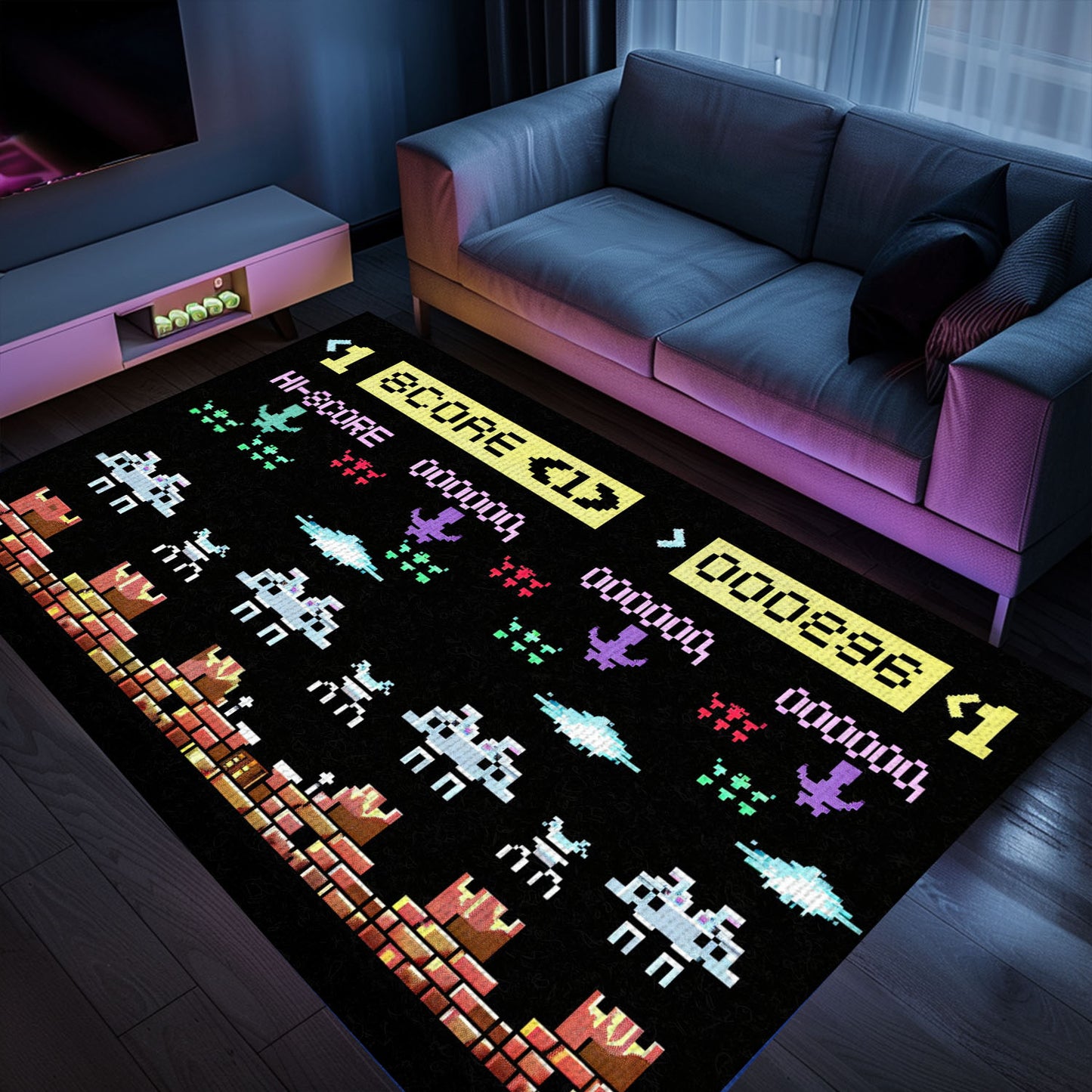 Dark and Neon 80s Arcade Area Rug featuring Space Invaders: Perfect for Gamers Looking for Unique Decor, Arcade Decor, Gift for Gamers, Video Game Lovers G156