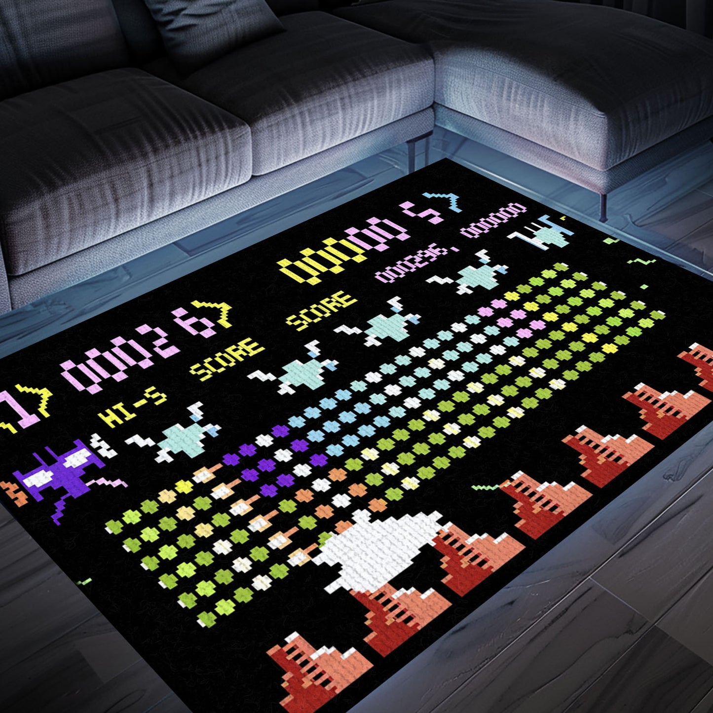 Dark and Neon 80s Arcade Area Rug featuring Space Invaders: Perfect for Creating a Gaming-Focused Atmosphere, Arcade Decor, Gift for Gamers, Video Game Lovers G154
