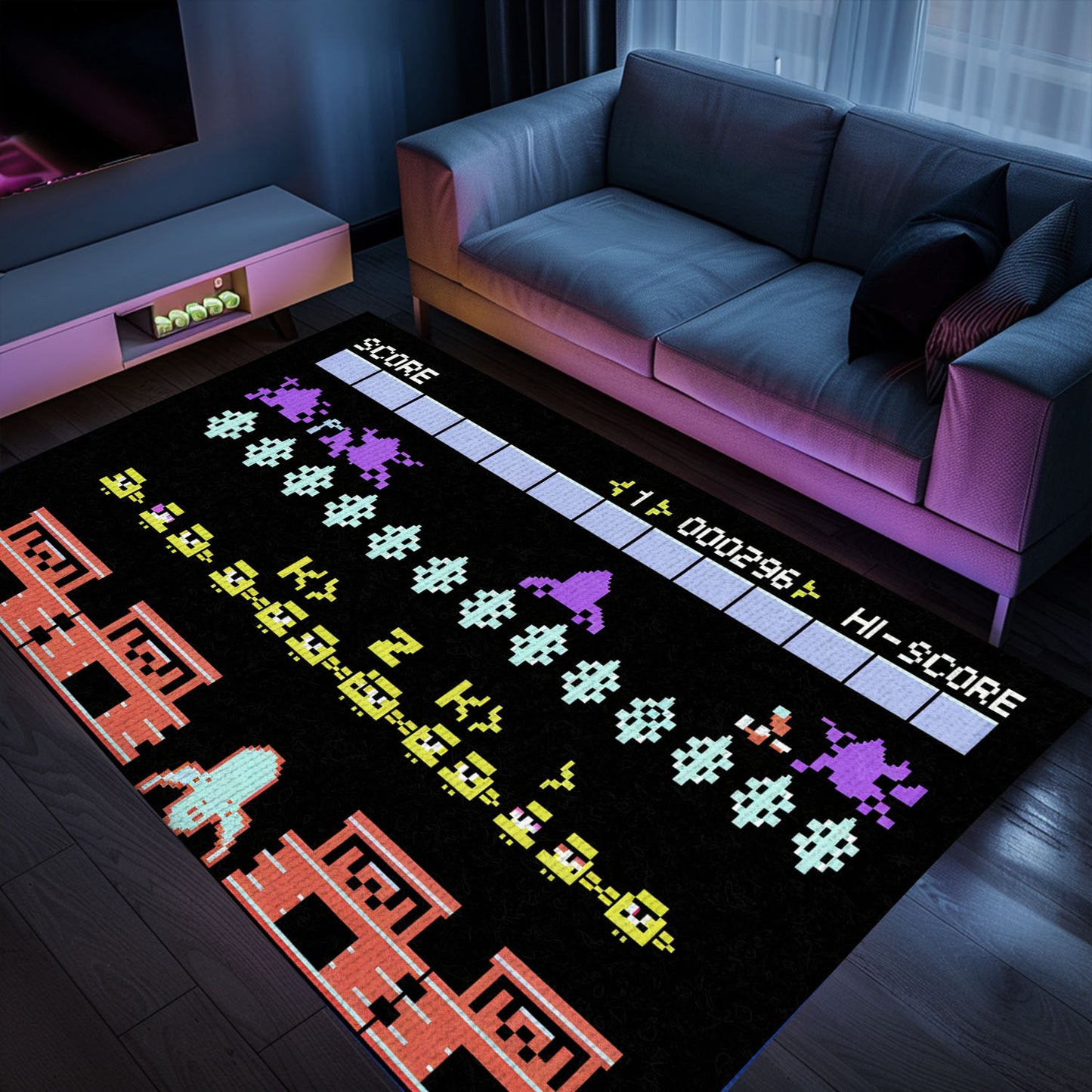 Dark and Neon 80s Arcade Area Rug adorned with Space Invaders: Add Some Retro Flair to Your Living Space, Arcade Decor, Gift for Gamers, Video Game Lovers G153