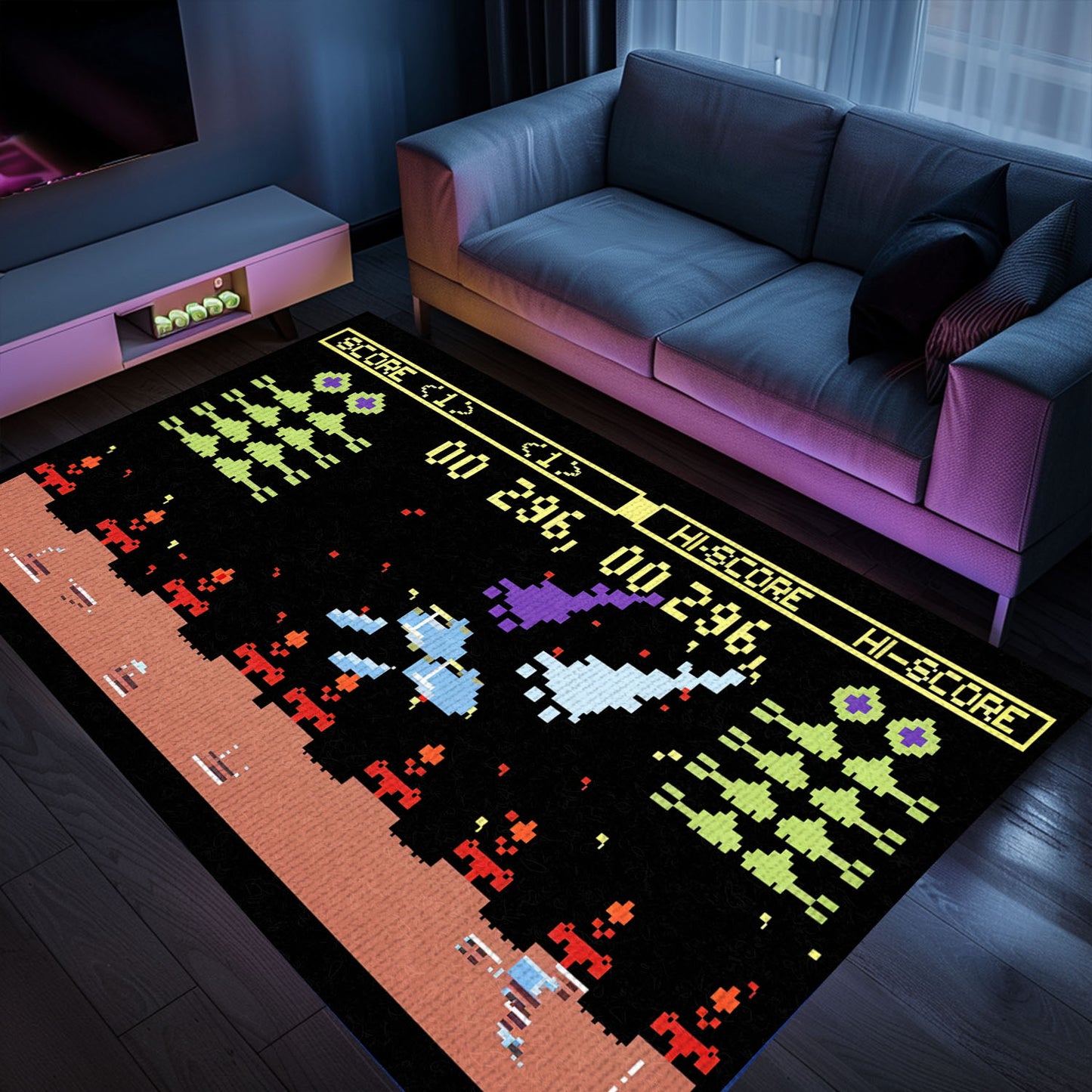 Dark and Neon 80s Arcade Area Rug featuring Space Invaders: Ideal for Retro Gamers and Collectors, Arcade Decor, Gift for Gamers, Video Game Lovers G152