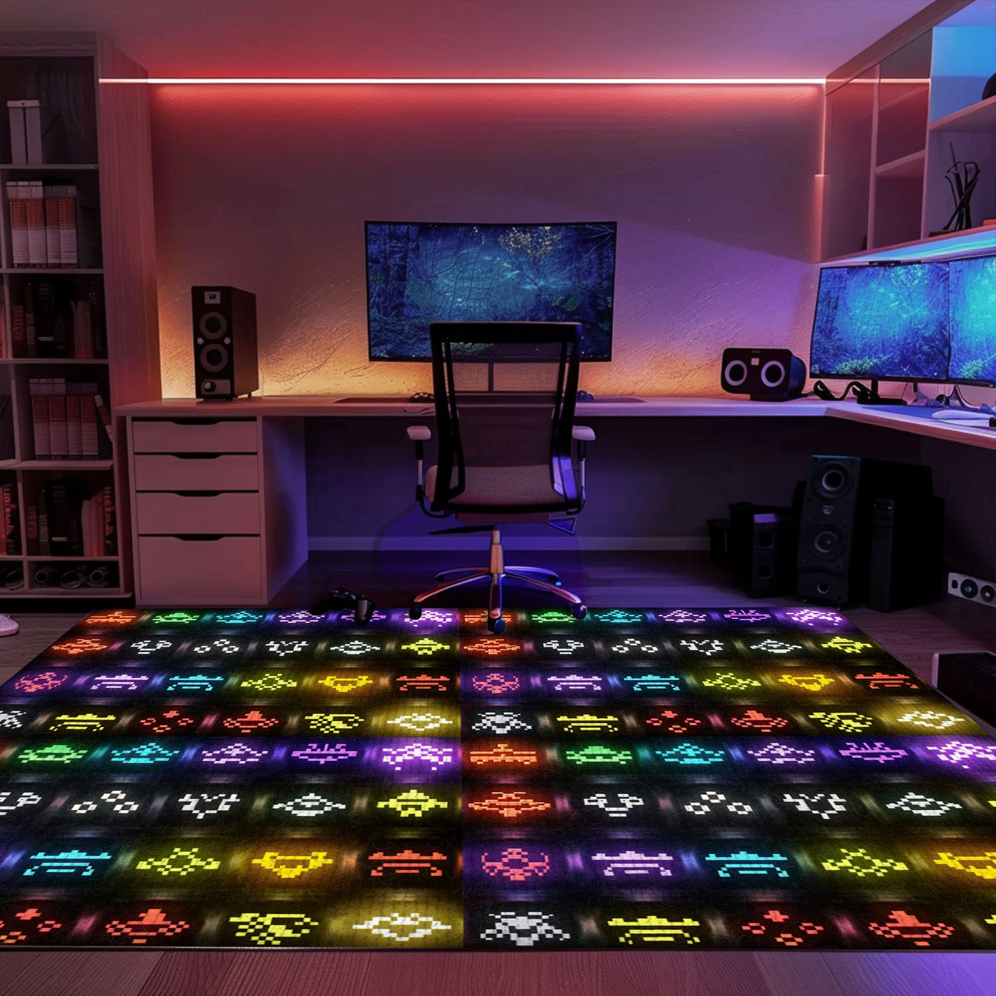 Dark and Neon 80s Arcade Area Rug adorned with Space Invaders: Bring the Arcade Experience Home with Style, Arcade Decor, Gift for Gamers, Video Game Lovers G151