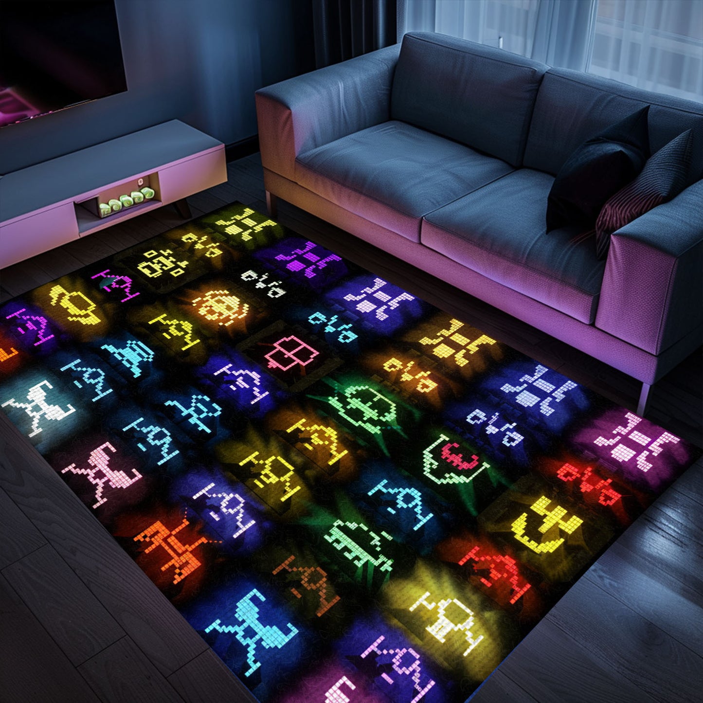 Dark and Neon 80s Arcade Area Rug featuring Space Invaders: Transform Your Home into a Retro Gaming Paradise, Arcade Decor, Gift for Gamers, Video Game Lovers G158