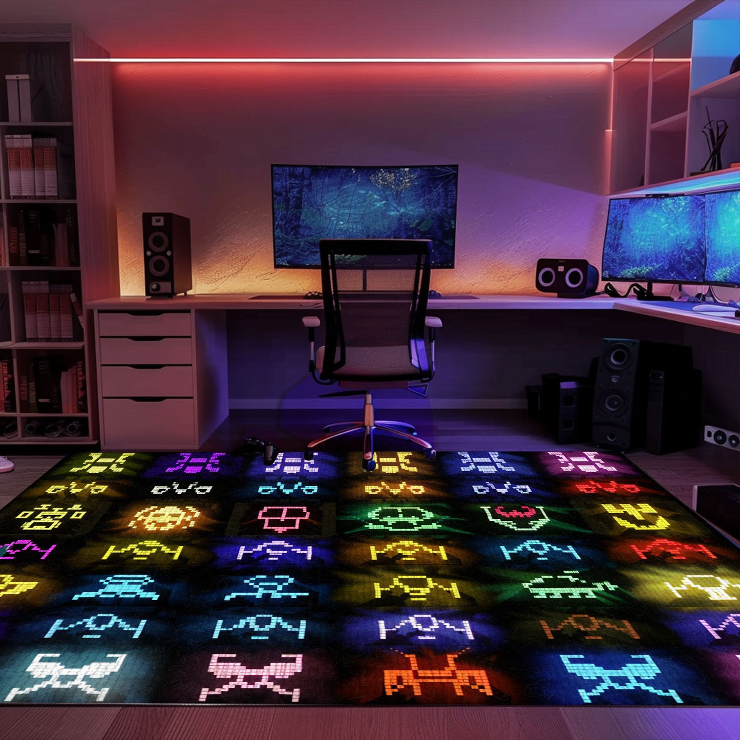 Dark and Neon 80s Arcade Area Rug featuring Space Invaders: Transform Your Home into a Retro Gaming Paradise, Arcade Decor, Gift for Gamers, Video Game Lovers G158