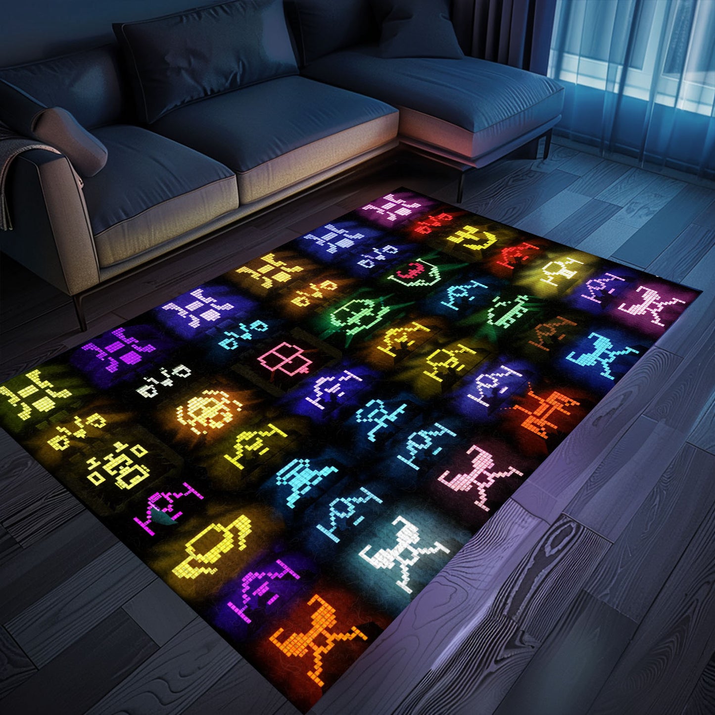 Dark and Neon 80s Arcade Area Rug featuring Space Invaders: Transform Your Home into a Retro Gaming Paradise, Arcade Decor, Gift for Gamers, Video Game Lovers G158