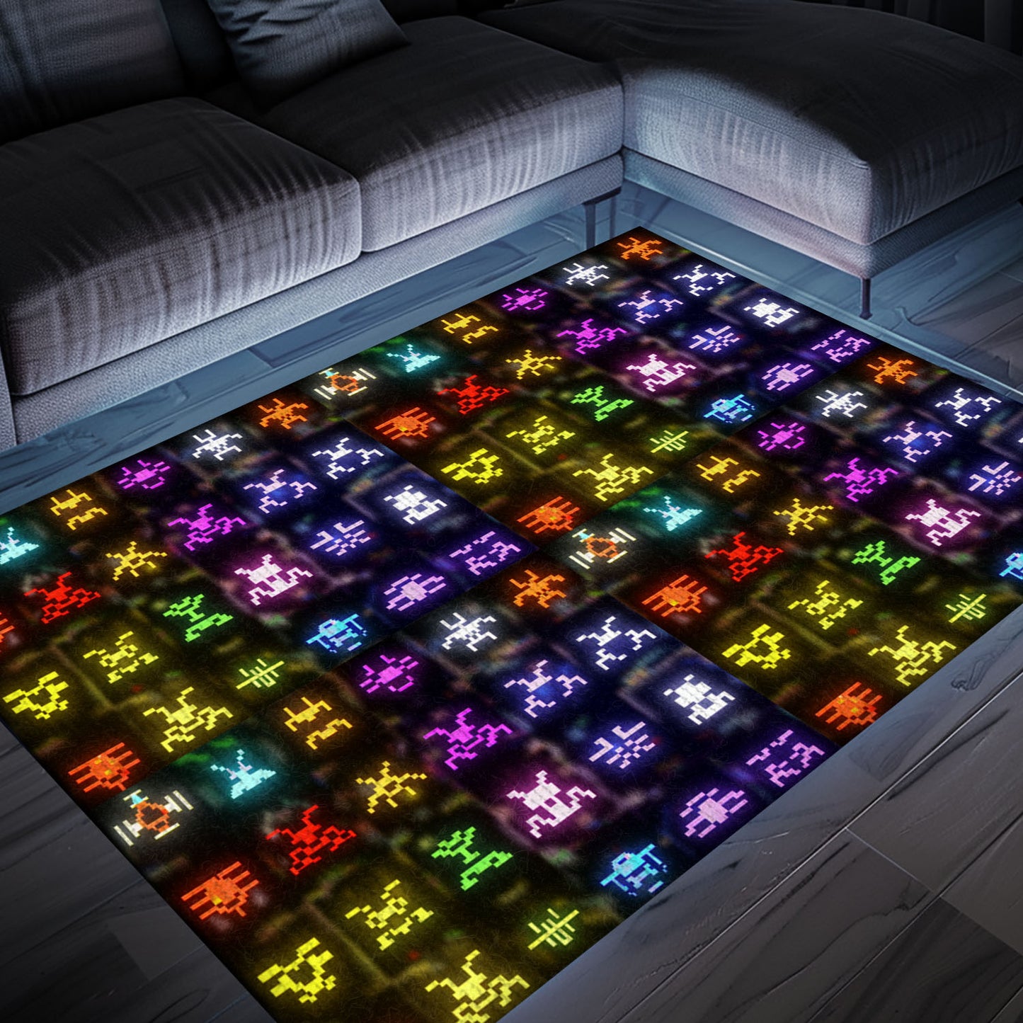 Unique Dark and Neon 80s Arcade Carpet with Space Invaders: Perfect Addition to Your Gaming Setup, Arcade Decor, Gift for Gamers, Video Game Lovers G145