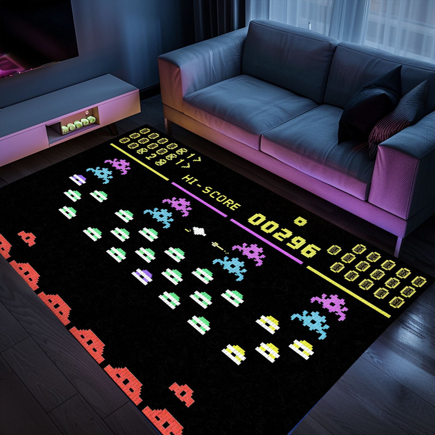 Stylish Dark and Neon 80s Arcade Carpet adorned with Space Invaders: Transform Your Living Space with Retro Charm, Arcade Decor, Gift for Gamers, Video Game Lovers G143