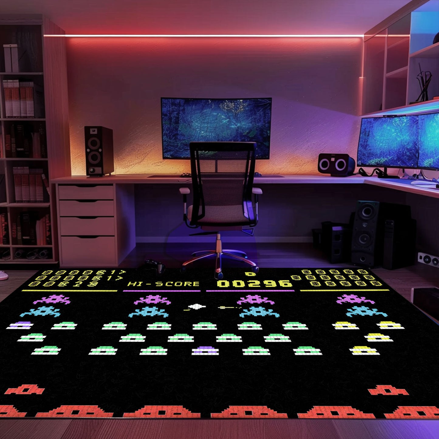 Stylish Dark and Neon 80s Arcade Carpet adorned with Space Invaders: Transform Your Living Space with Retro Charm, Arcade Decor, Gift for Gamers, Video Game Lovers G143