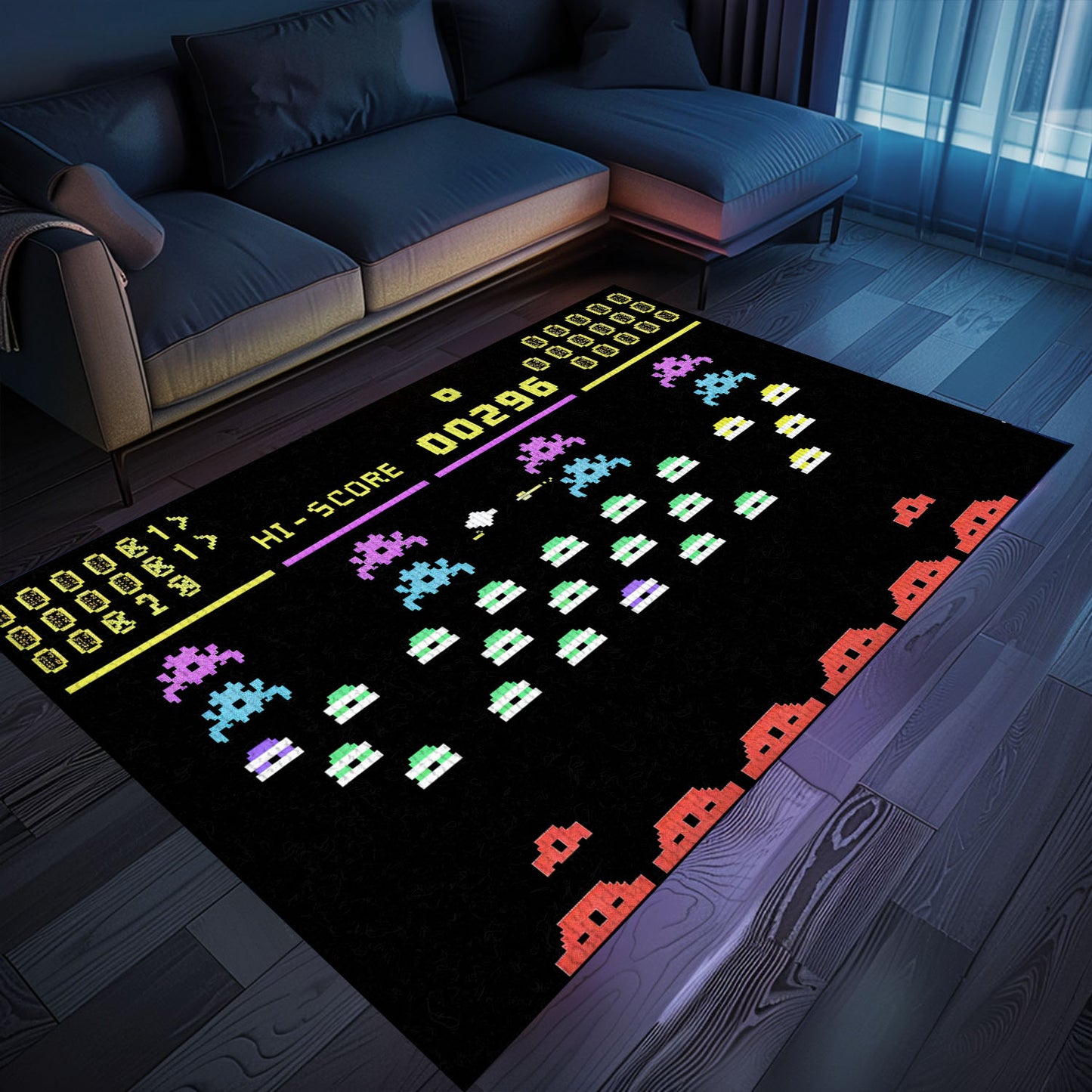 Stylish Dark and Neon 80s Arcade Carpet adorned with Space Invaders: Transform Your Living Space with Retro Charm, Arcade Decor, Gift for Gamers, Video Game Lovers G143