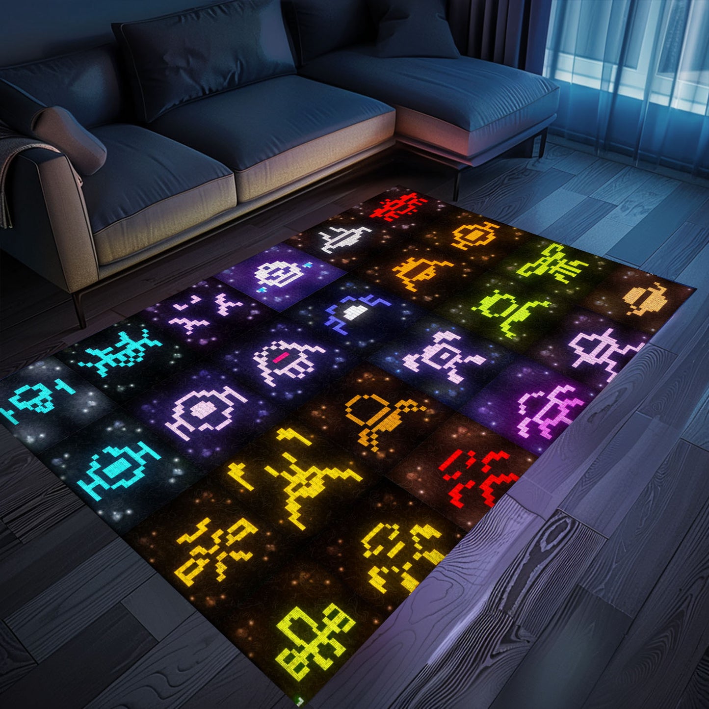 Vibrant Dark and Neon 80s Arcade Carpet with Space Invaders: Ideal Gift for Gamers and Arcade Enthusiasts, Arcade Decor, Gift for Gamers, Video Game Lovers G142