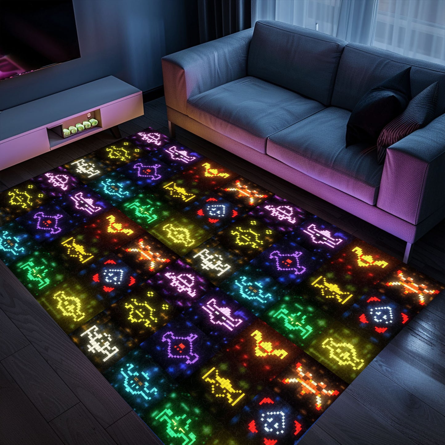 Dark and Neon 80s Arcade Carpet with Space Invaders: Perfect for Creating an Arcade-Inspired Living Space, Arcade Decor, Gift for Gamers, Video Game Lovers G140