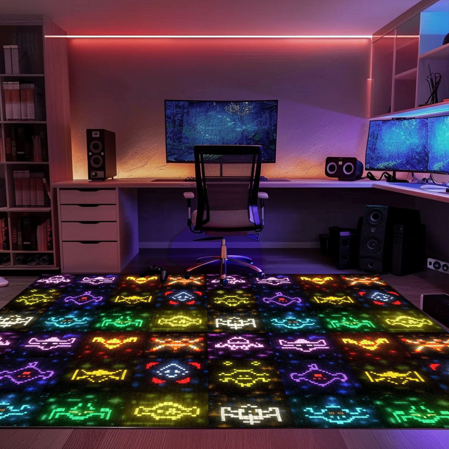 Dark and Neon 80s Arcade Carpet with Space Invaders: Perfect for Creating an Arcade-Inspired Living Space, Arcade Decor, Gift for Gamers, Video Game Lovers G140