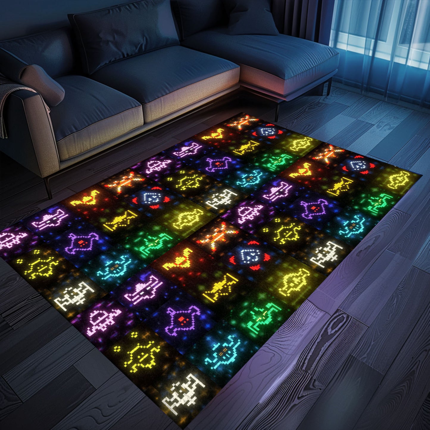 Dark and Neon 80s Arcade Carpet with Space Invaders: Perfect for Creating an Arcade-Inspired Living Space, Arcade Decor, Gift for Gamers, Video Game Lovers G140