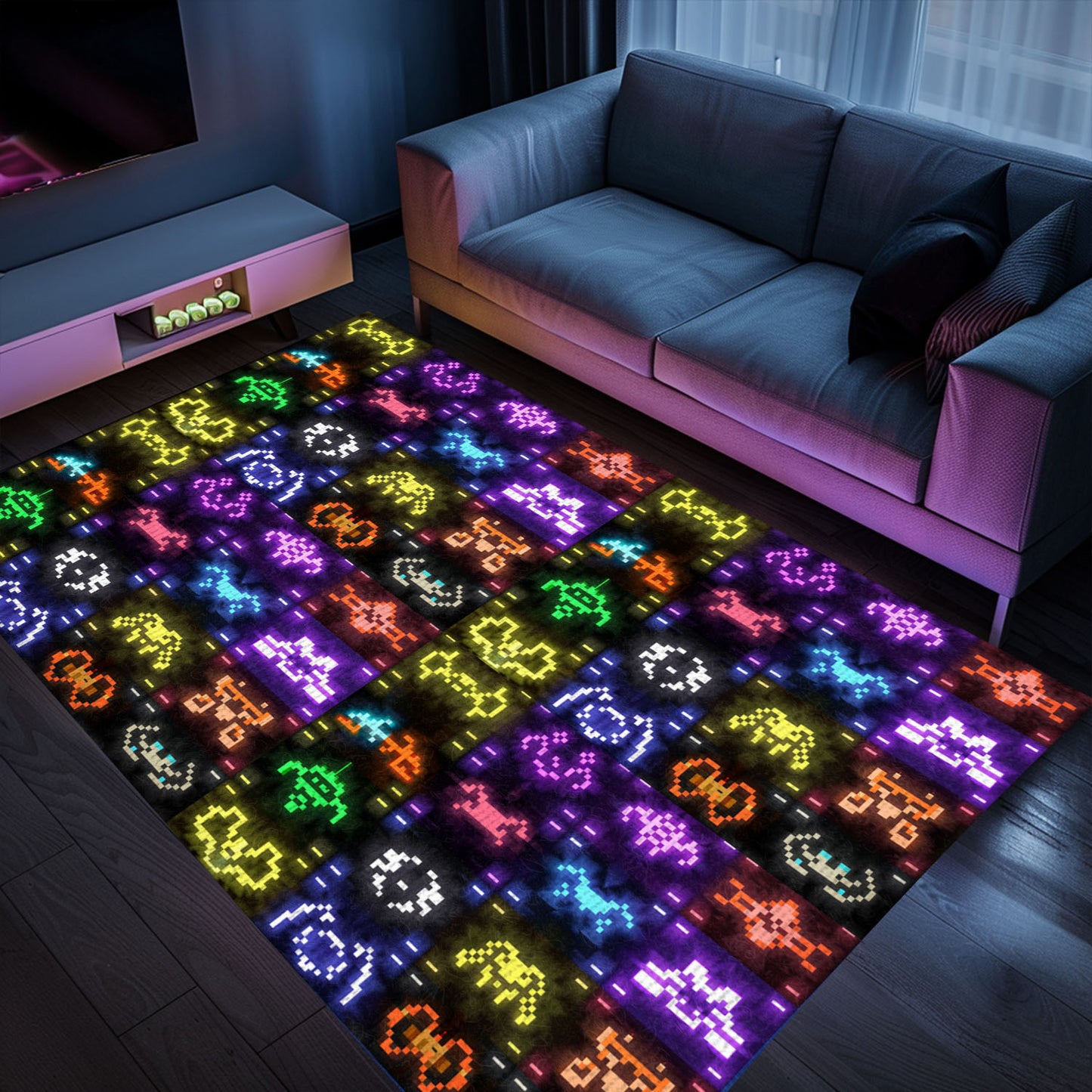 Dark and Neon 80s Arcade Carpet with Space Invaders: Elevate Your Gaming Experience with Retro Style, Arcade Decor, Gift for Gamers, Video Game Lovers G139