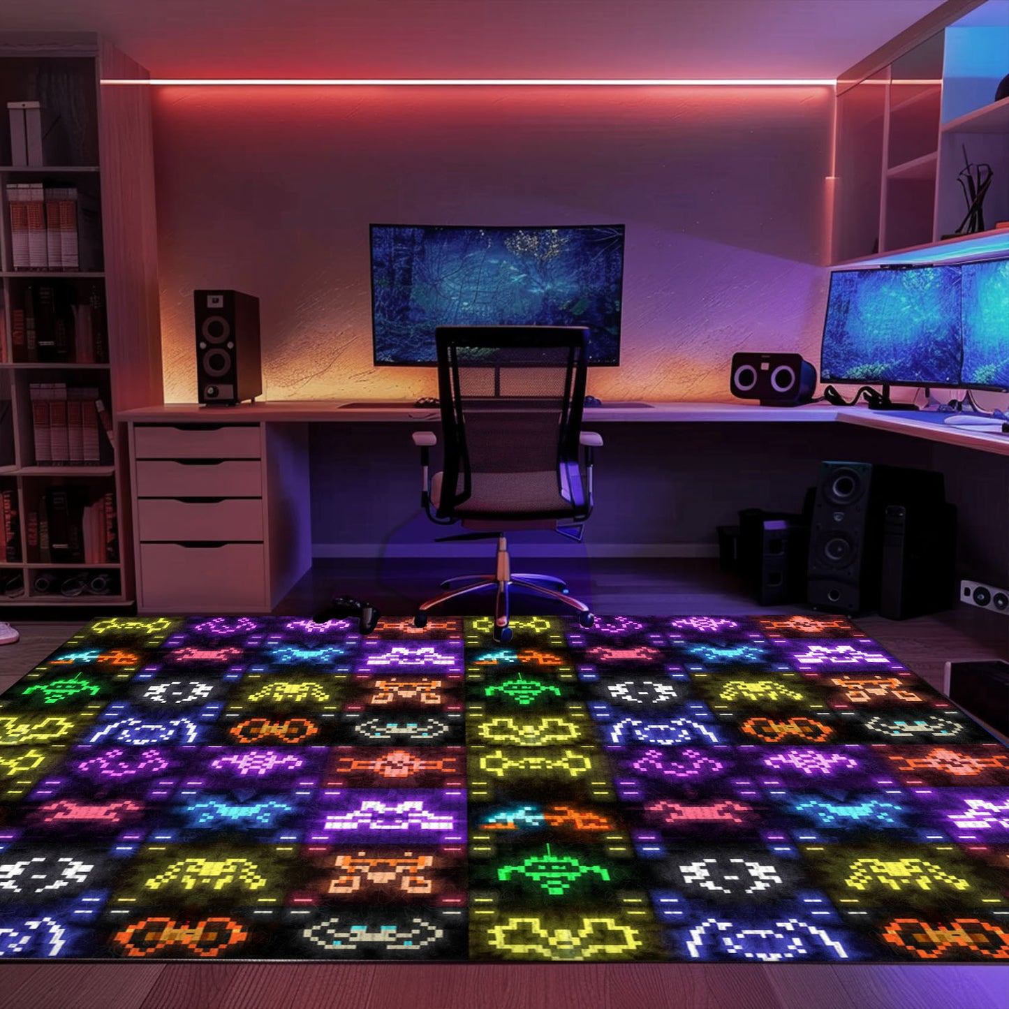 Dark and Neon 80s Arcade Carpet with Space Invaders: Elevate Your Gaming Experience with Retro Style, Arcade Decor, Gift for Gamers, Video Game Lovers G139