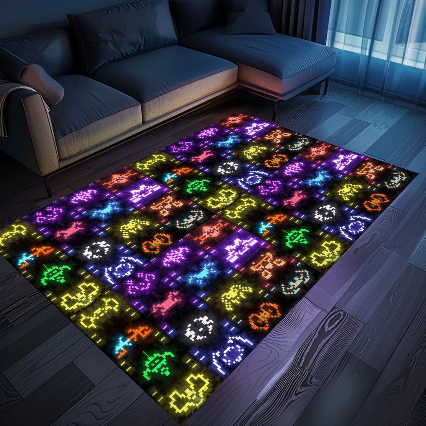Dark and Neon 80s Arcade Carpet with Space Invaders: Elevate Your Gaming Experience with Retro Style, Arcade Decor, Gift for Gamers, Video Game Lovers G139