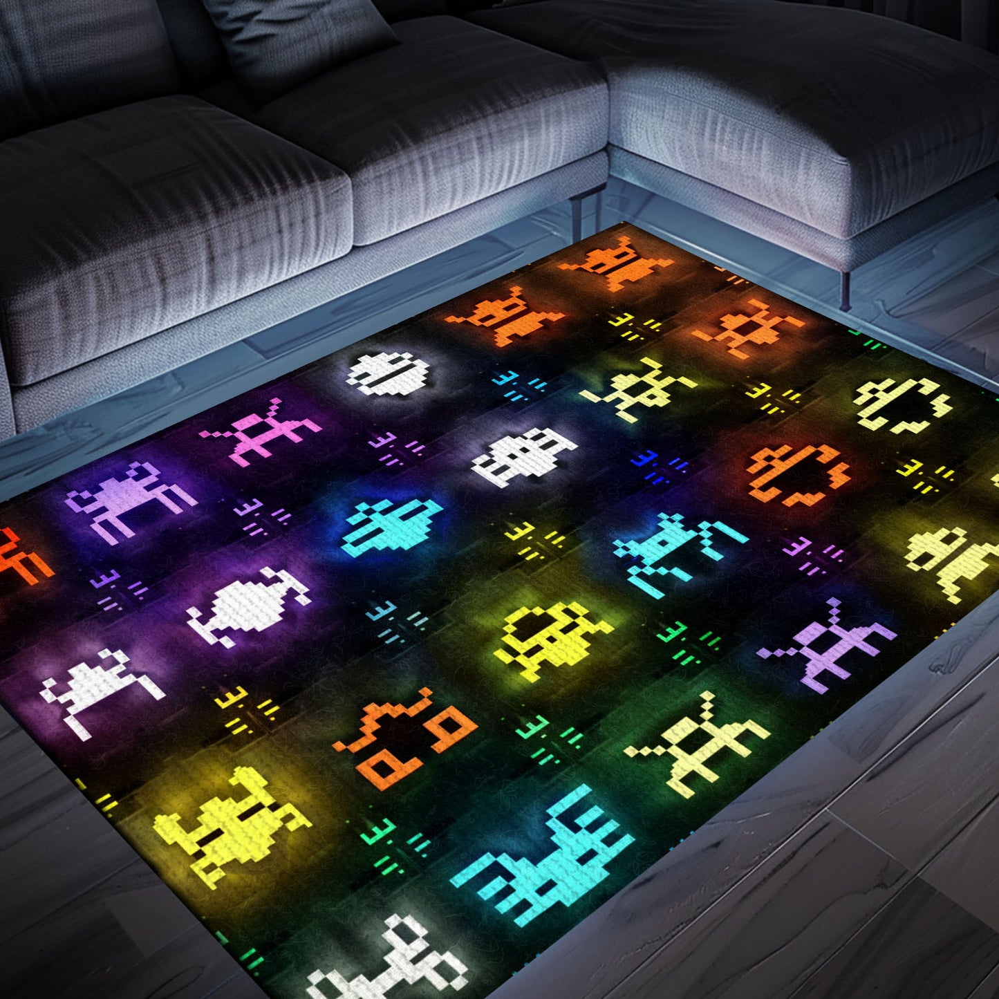 Dark and Neon 80s Arcade Carpet with Space Invaders: Transform Your Home into a Retro Gaming Paradise, Arcade Decor, Gift for Gamers, Video Game Lovers G138