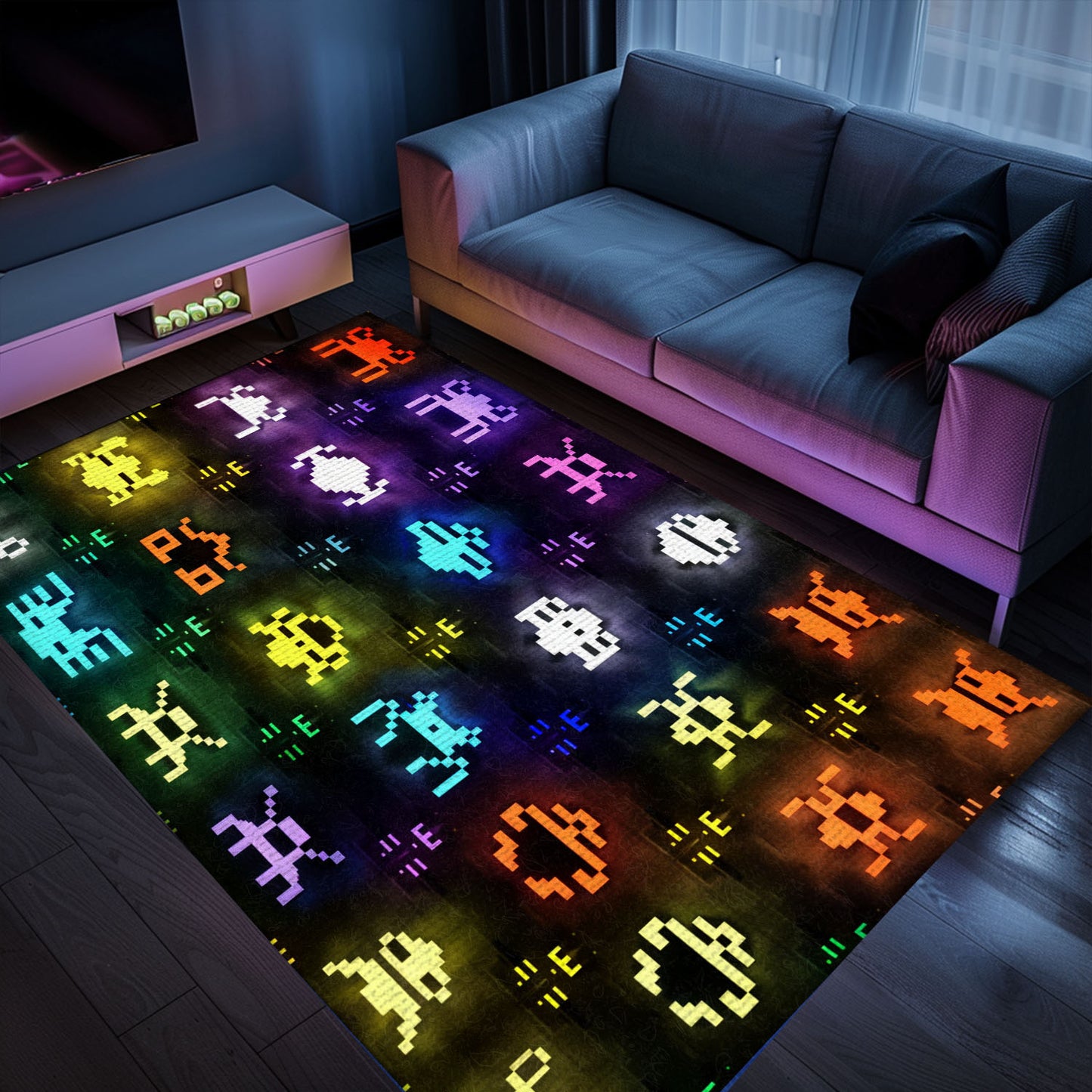 Dark and Neon 80s Arcade Carpet with Space Invaders: Transform Your Home into a Retro Gaming Paradise, Arcade Decor, Gift for Gamers, Video Game Lovers G138