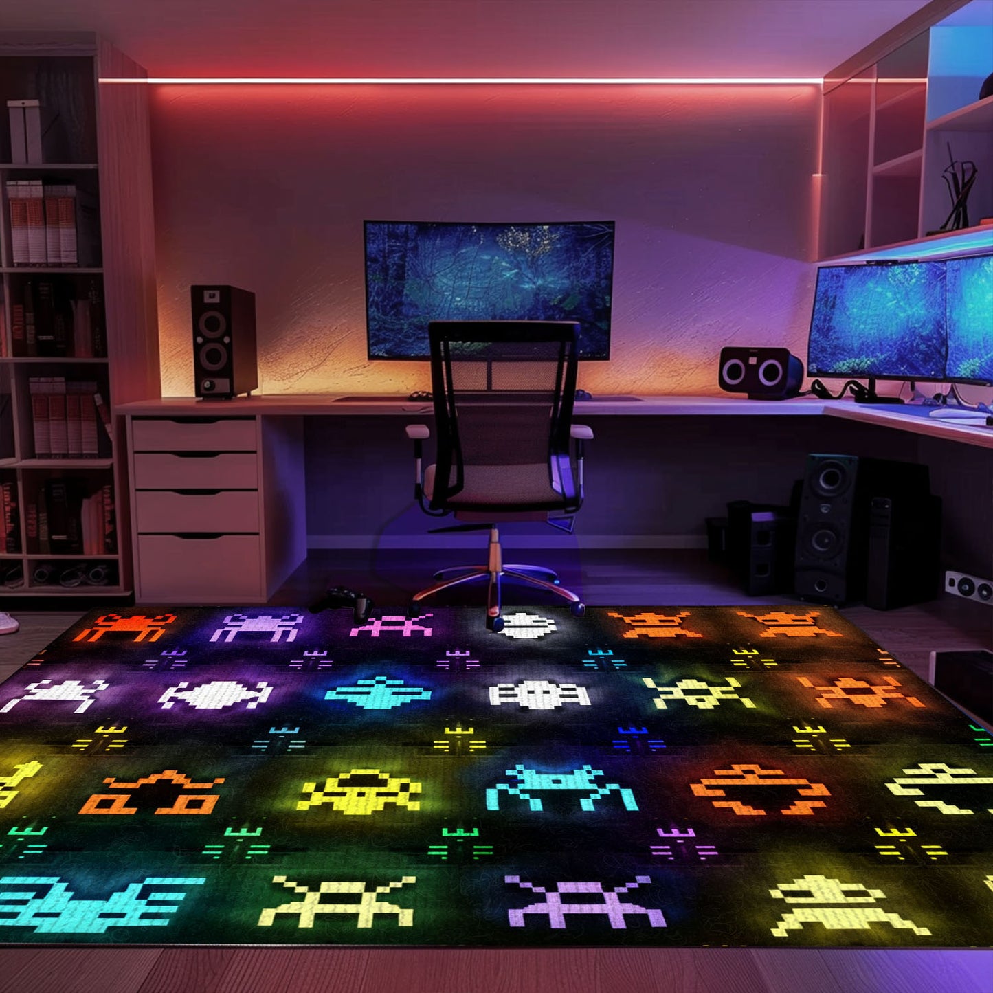 Dark and Neon 80s Arcade Carpet with Space Invaders: Transform Your Home into a Retro Gaming Paradise, Arcade Decor, Gift for Gamers, Video Game Lovers G138