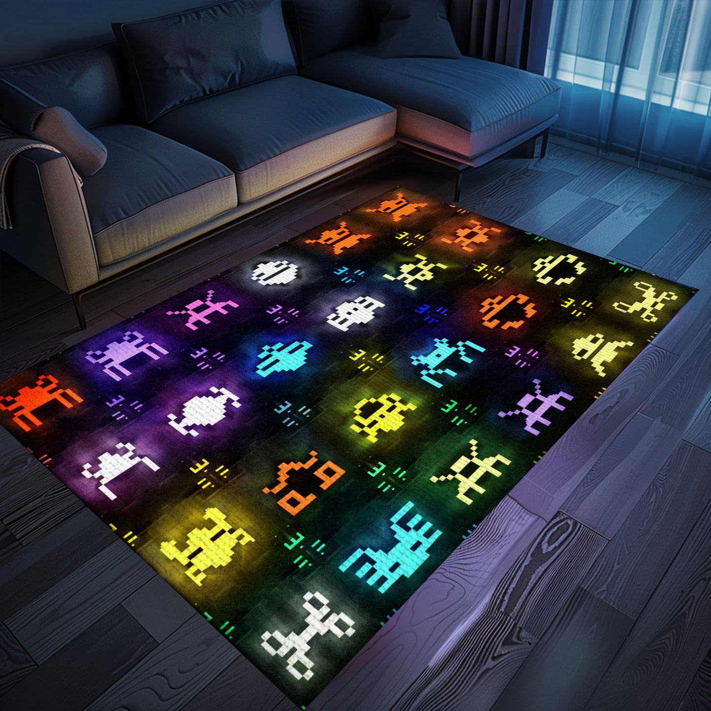 Dark and Neon 80s Arcade Carpet with Space Invaders: Transform Your Home into a Retro Gaming Paradise, Arcade Decor, Gift for Gamers, Video Game Lovers G138