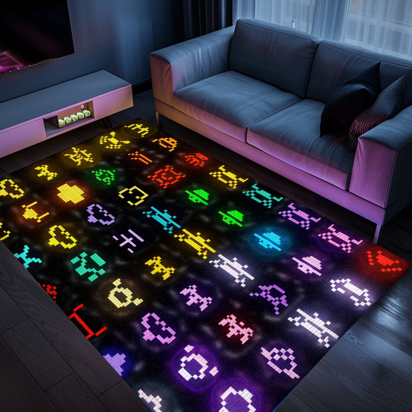 Dark and Neon 80s Arcade Carpet with Space Invaders: Ideal for Adding Nostalgia to Your Living Space, Arcade Decor, Gift for Gamers, Video Game Lovers G137
