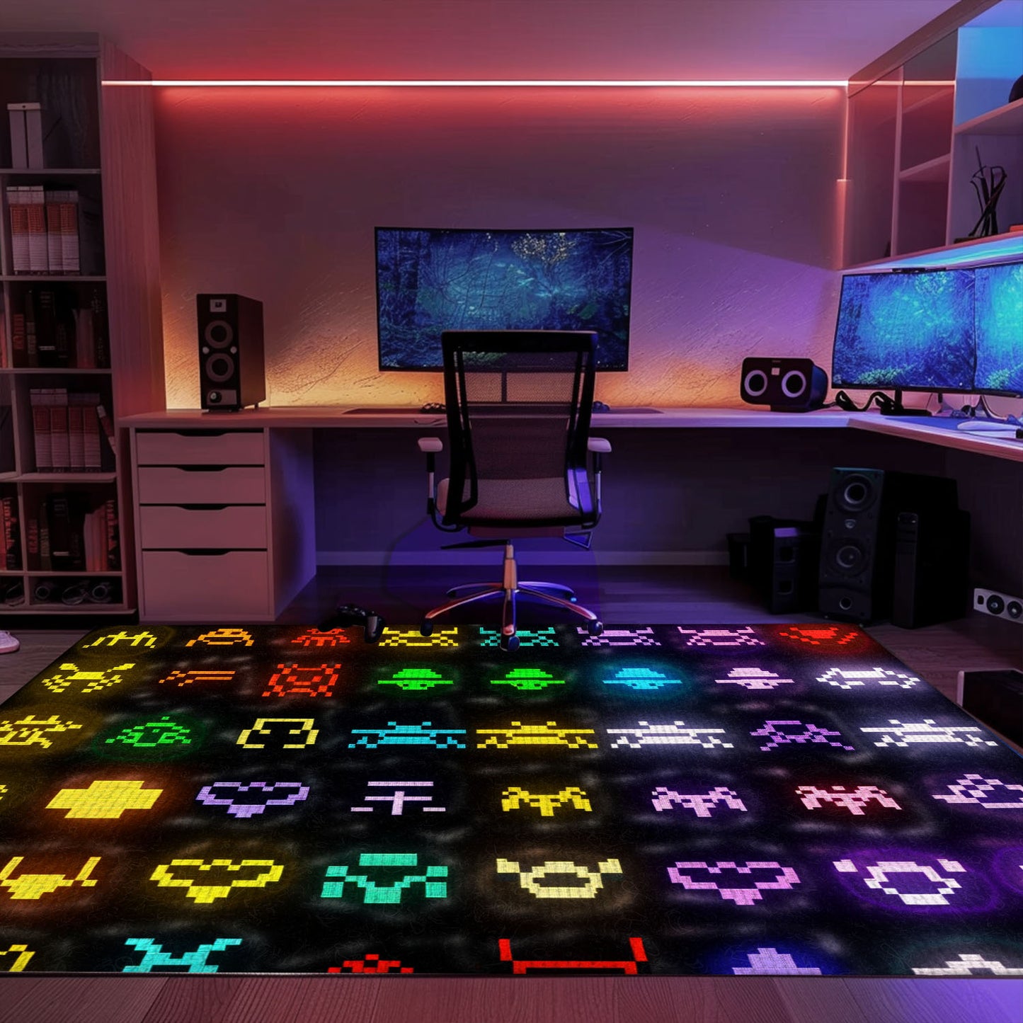 Dark and Neon 80s Arcade Carpet with Space Invaders: Ideal for Adding Nostalgia to Your Living Space, Arcade Decor, Gift for Gamers, Video Game Lovers G137