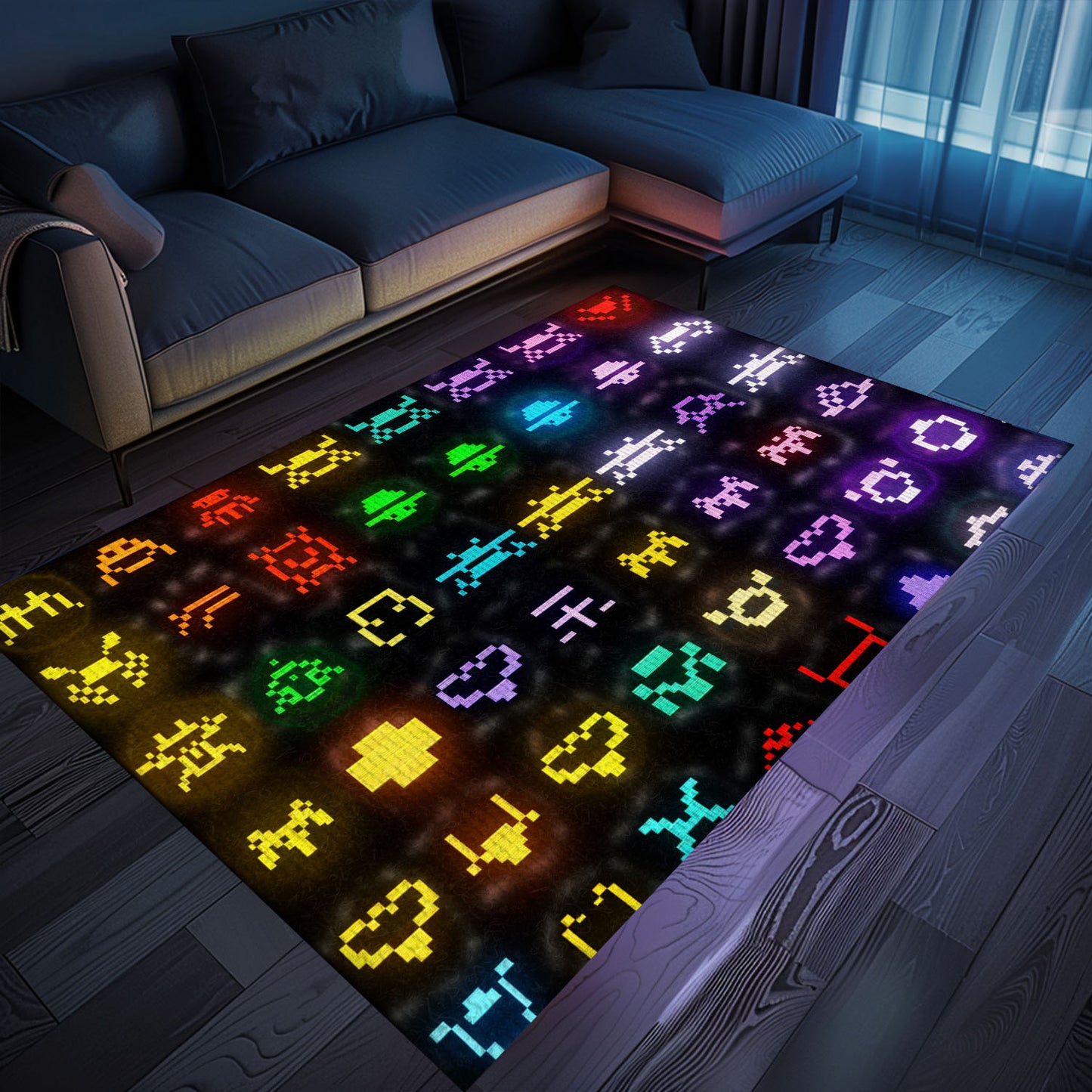 Dark and Neon 80s Arcade Carpet with Space Invaders: Ideal for Adding Nostalgia to Your Living Space, Arcade Decor, Gift for Gamers, Video Game Lovers G137