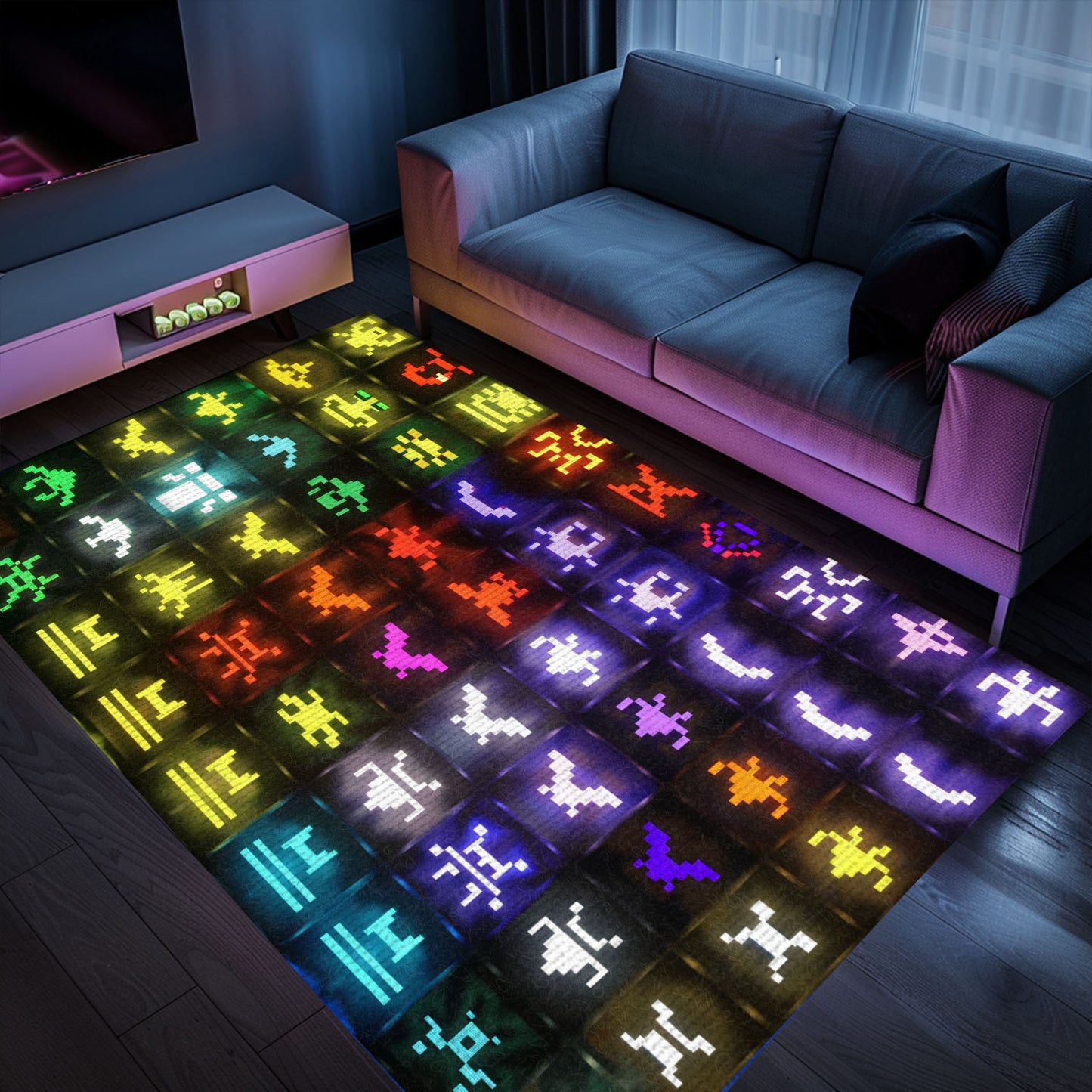 Dark and Neon 80s Arcade Carpet with Space Invaders: Enhance Your Home with Arcade Charm, Arcade Decor, Gift for Gamers, Video Game Lovers G135