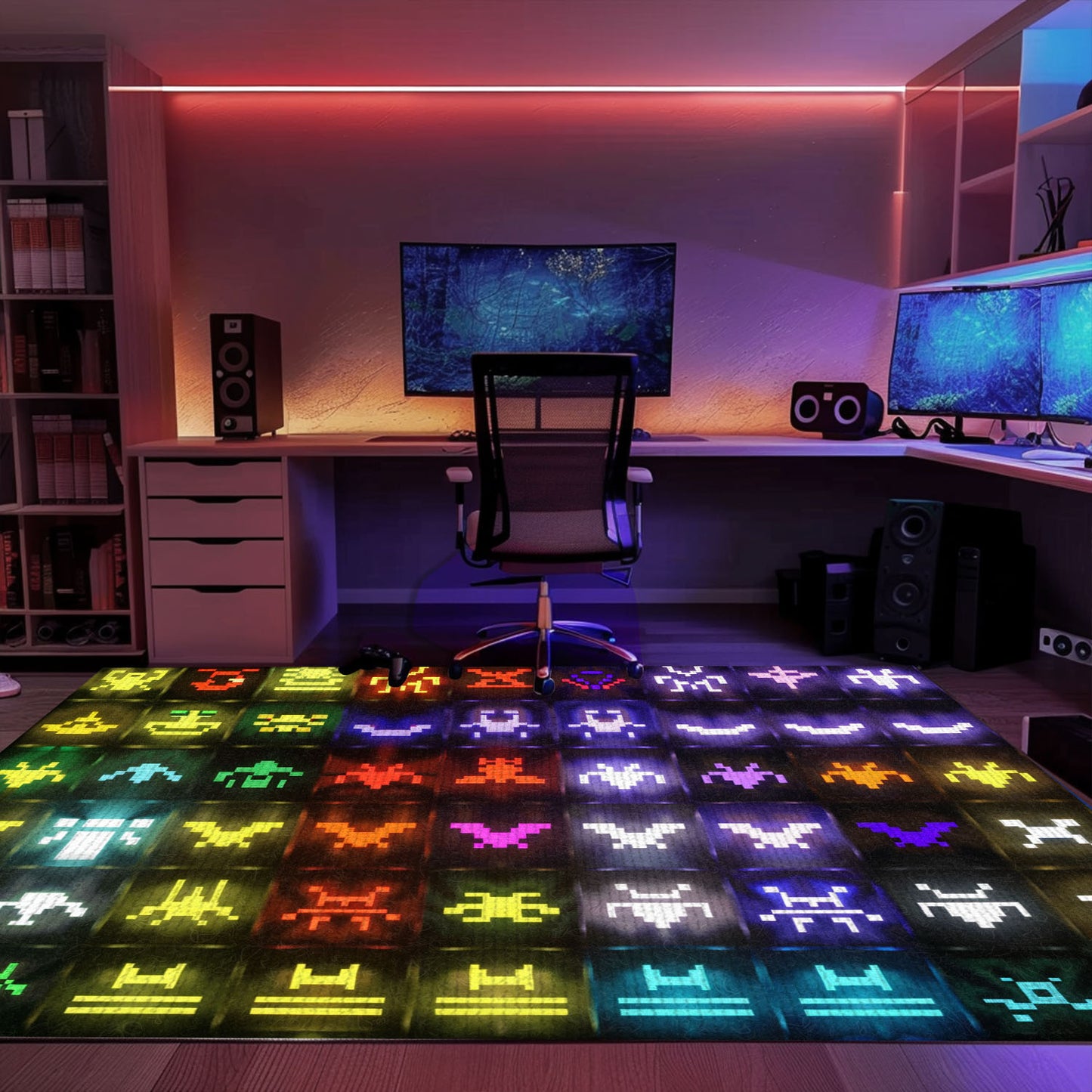 Dark and Neon 80s Arcade Carpet with Space Invaders: Enhance Your Home with Arcade Charm, Arcade Decor, Gift for Gamers, Video Game Lovers G135