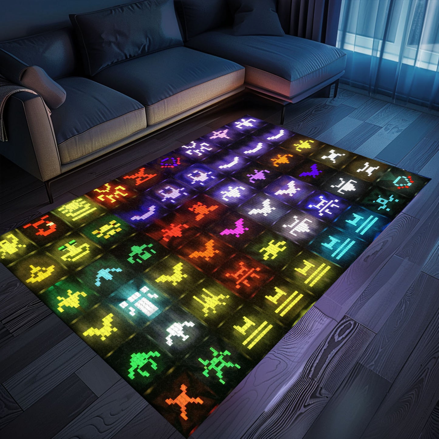 Dark and Neon 80s Arcade Carpet with Space Invaders: Enhance Your Home with Arcade Charm, Arcade Decor, Gift for Gamers, Video Game Lovers G135
