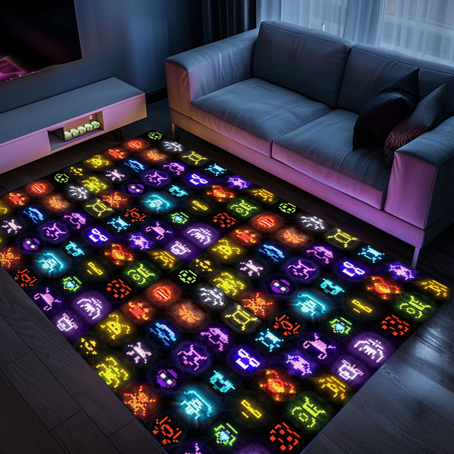 Dark and Neon 80s Arcade Carpet with Space Invaders: Add Some Retro Flair to Your Living Space, Arcade Decor, Gift for Gamers, Video Game Lovers G133