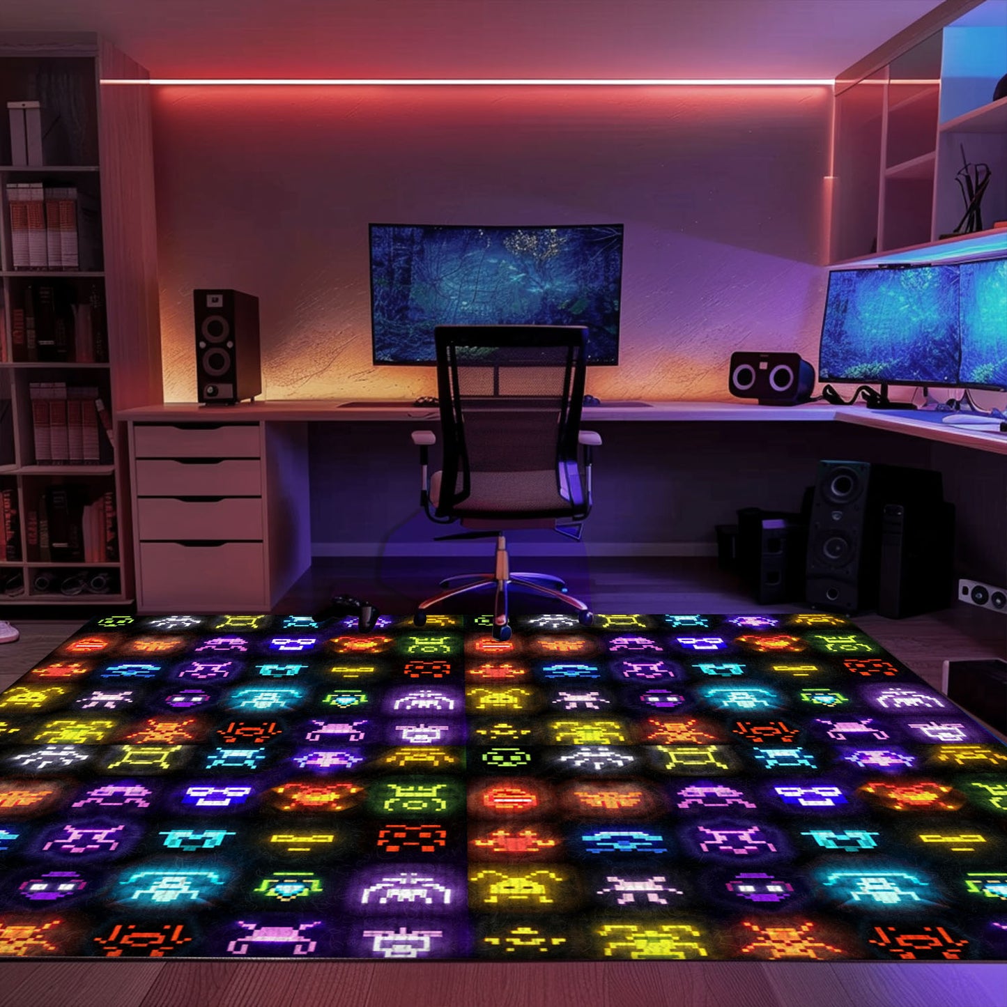 Dark and Neon 80s Arcade Carpet with Space Invaders: Add Some Retro Flair to Your Living Space, Arcade Decor, Gift for Gamers, Video Game Lovers G133