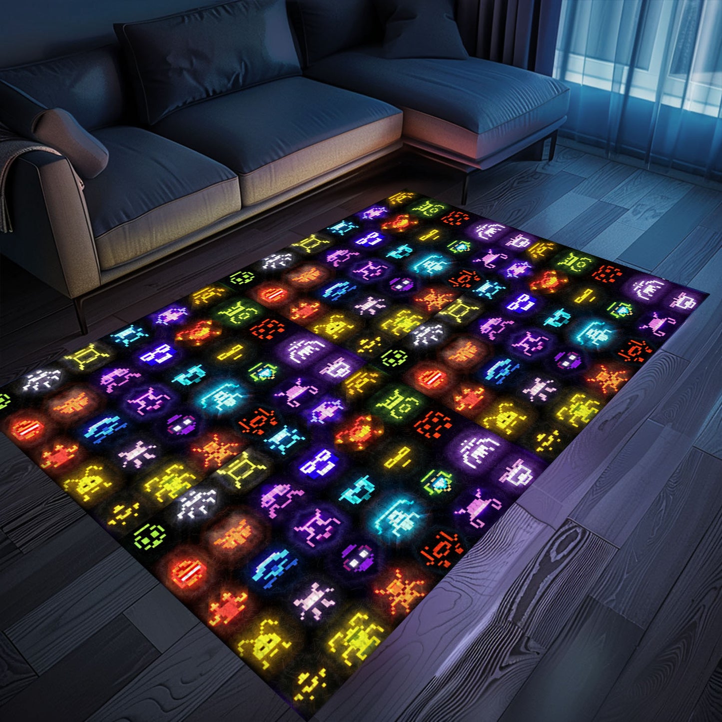 Dark and Neon 80s Arcade Carpet with Space Invaders: Add Some Retro Flair to Your Living Space, Arcade Decor, Gift for Gamers, Video Game Lovers G133