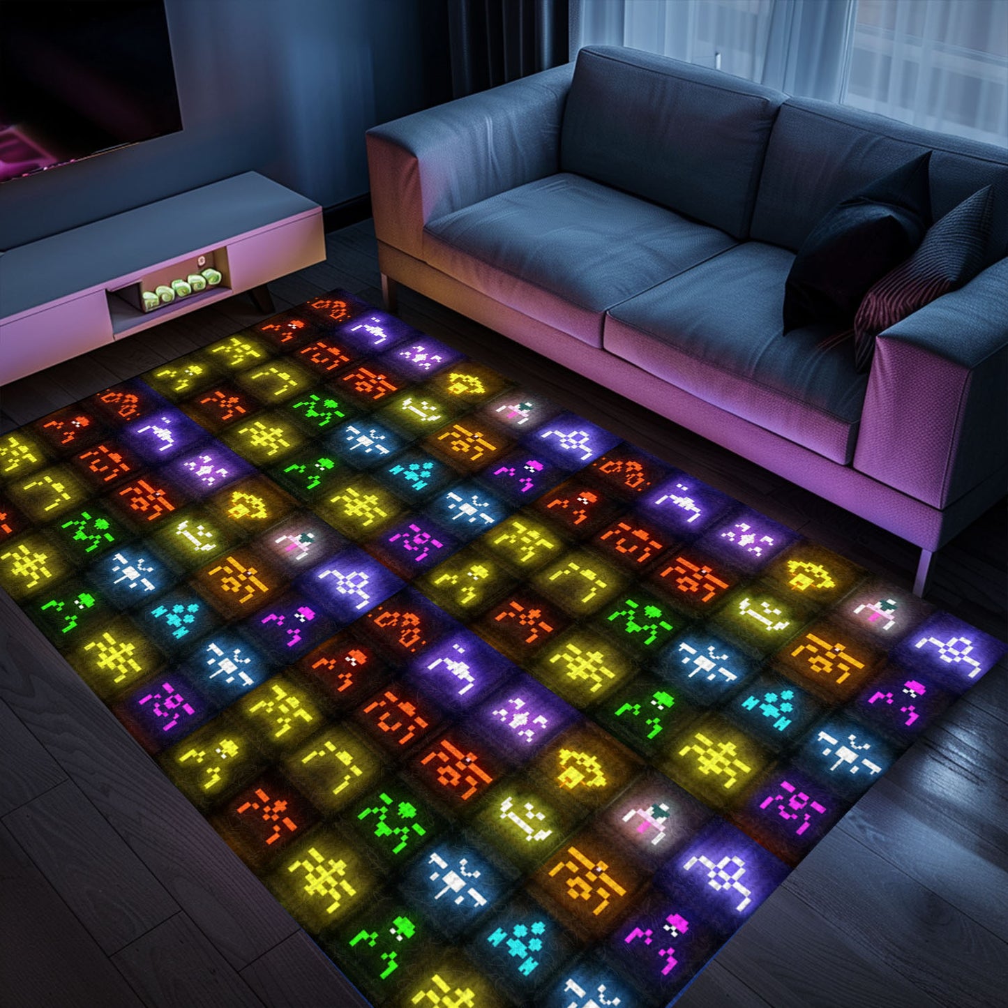 Dark and Neon 80s Arcade Carpet with Space Invaders: Ideal for Retro Gamers and Collectors, Arcade Decor, Gift for Gamers, Video Game Lovers G132