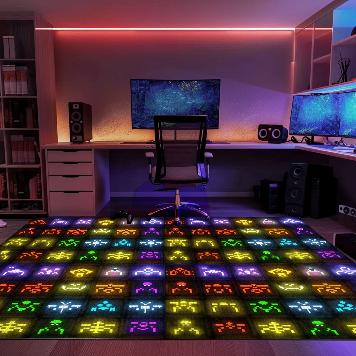 Dark and Neon 80s Arcade Carpet with Space Invaders: Ideal for Retro Gamers and Collectors, Arcade Decor, Gift for Gamers, Video Game Lovers G132