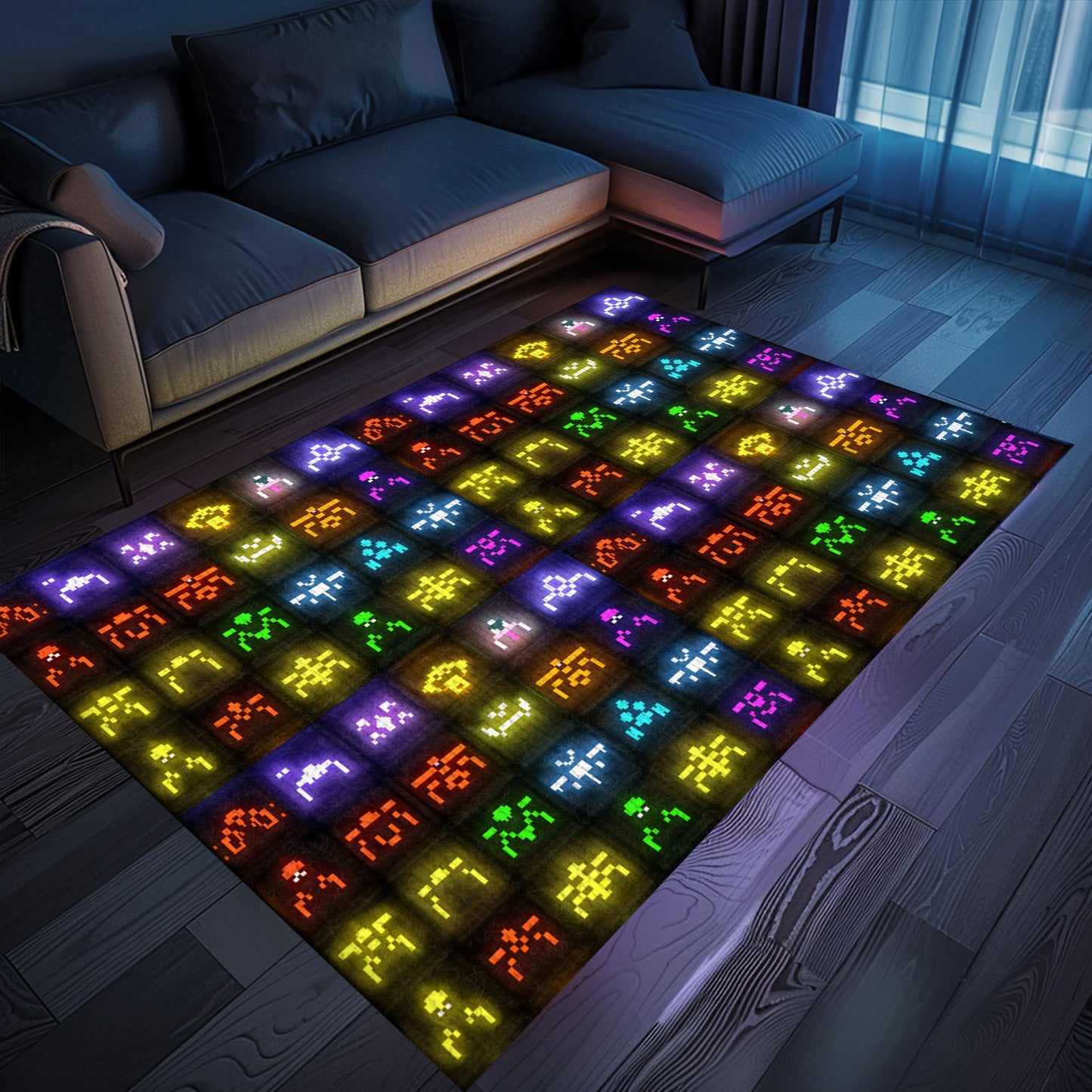 Dark and Neon 80s Arcade Carpet with Space Invaders: Ideal for Retro Gamers and Collectors, Arcade Decor, Gift for Gamers, Video Game Lovers G132
