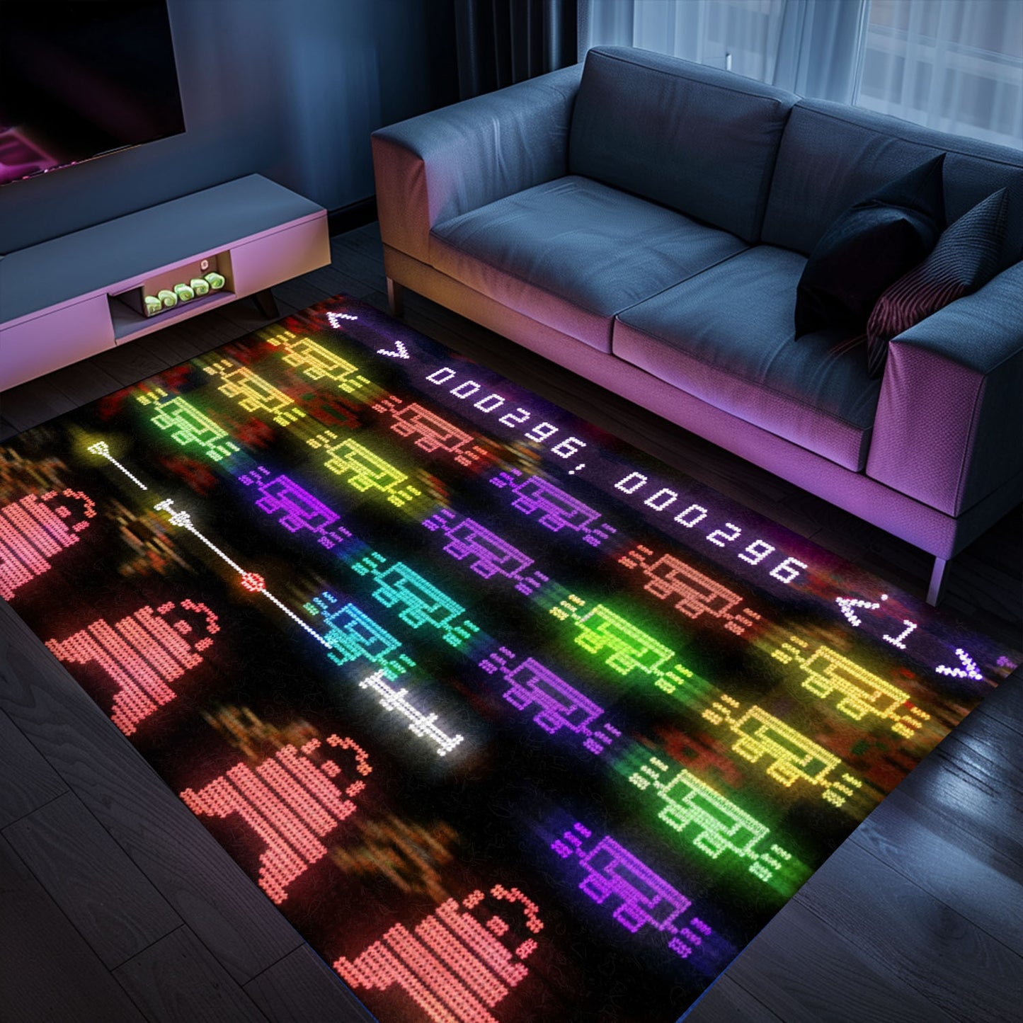 Dark and Neon 80s Arcade Carpet with Space Invaders: Bring the Arcade Experience Home with Style, Arcade Decor, Gift for Gamers, Video Game Lovers G131