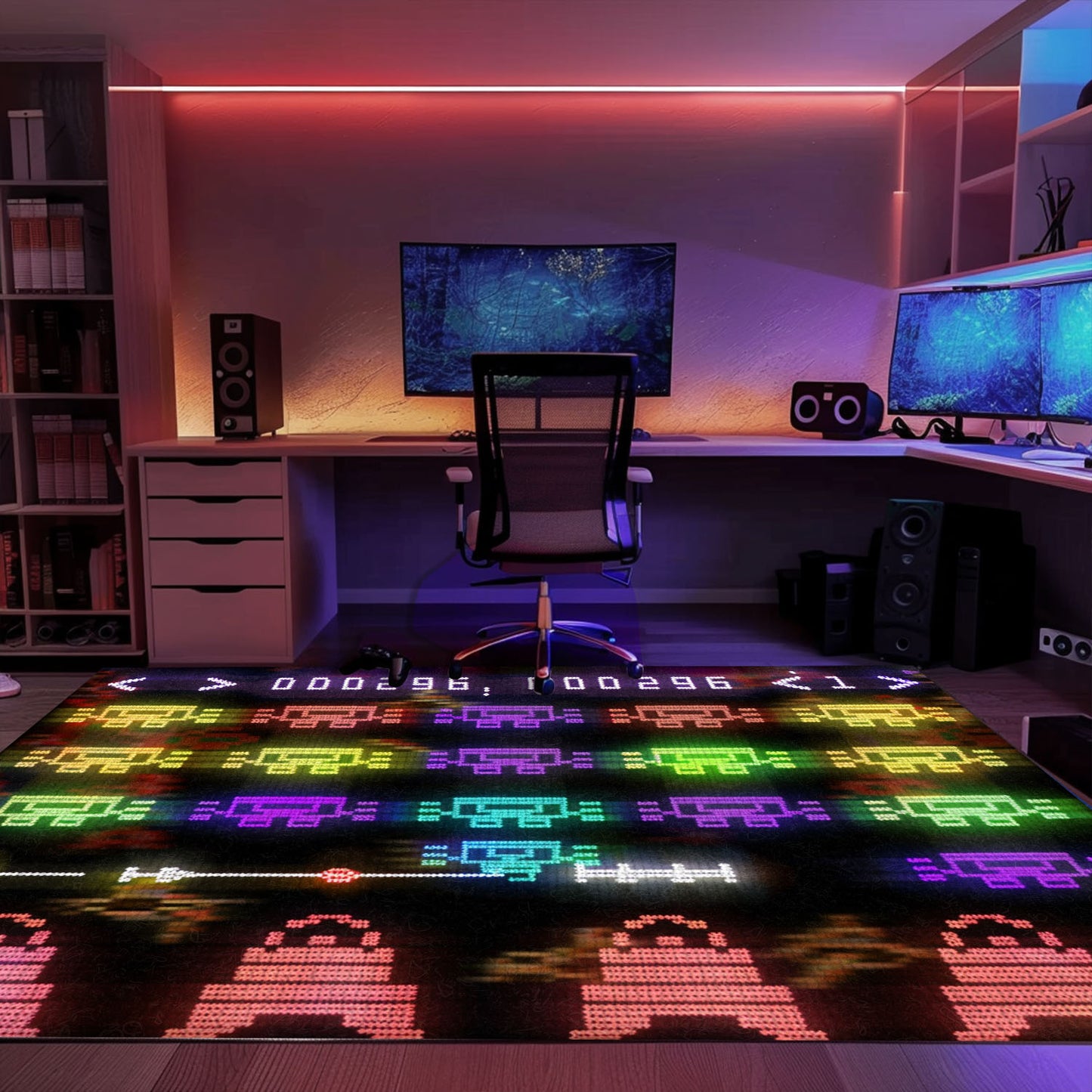 Dark and Neon 80s Arcade Carpet with Space Invaders: Bring the Arcade Experience Home with Style, Arcade Decor, Gift for Gamers, Video Game Lovers G131