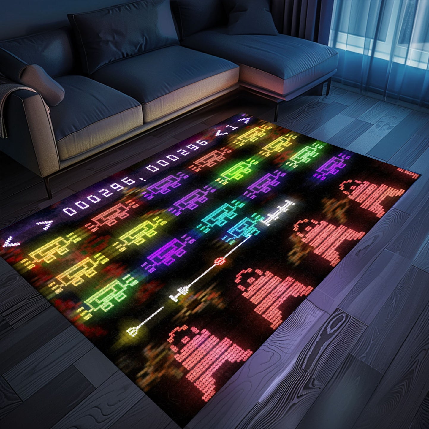 Dark and Neon 80s Arcade Carpet with Space Invaders: Bring the Arcade Experience Home with Style, Arcade Decor, Gift for Gamers, Video Game Lovers G131