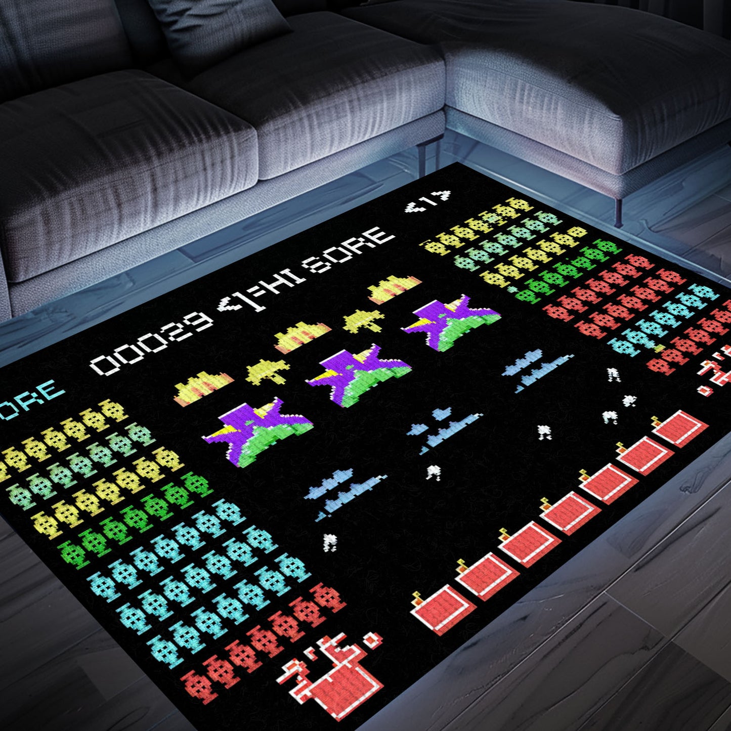 Dark and Neon 80s Arcade Carpet with Space Invaders: Ideal Decor for Video Game Enthusiasts, Arcade Decor, Gift for Gamers, Video Game Lovers G126