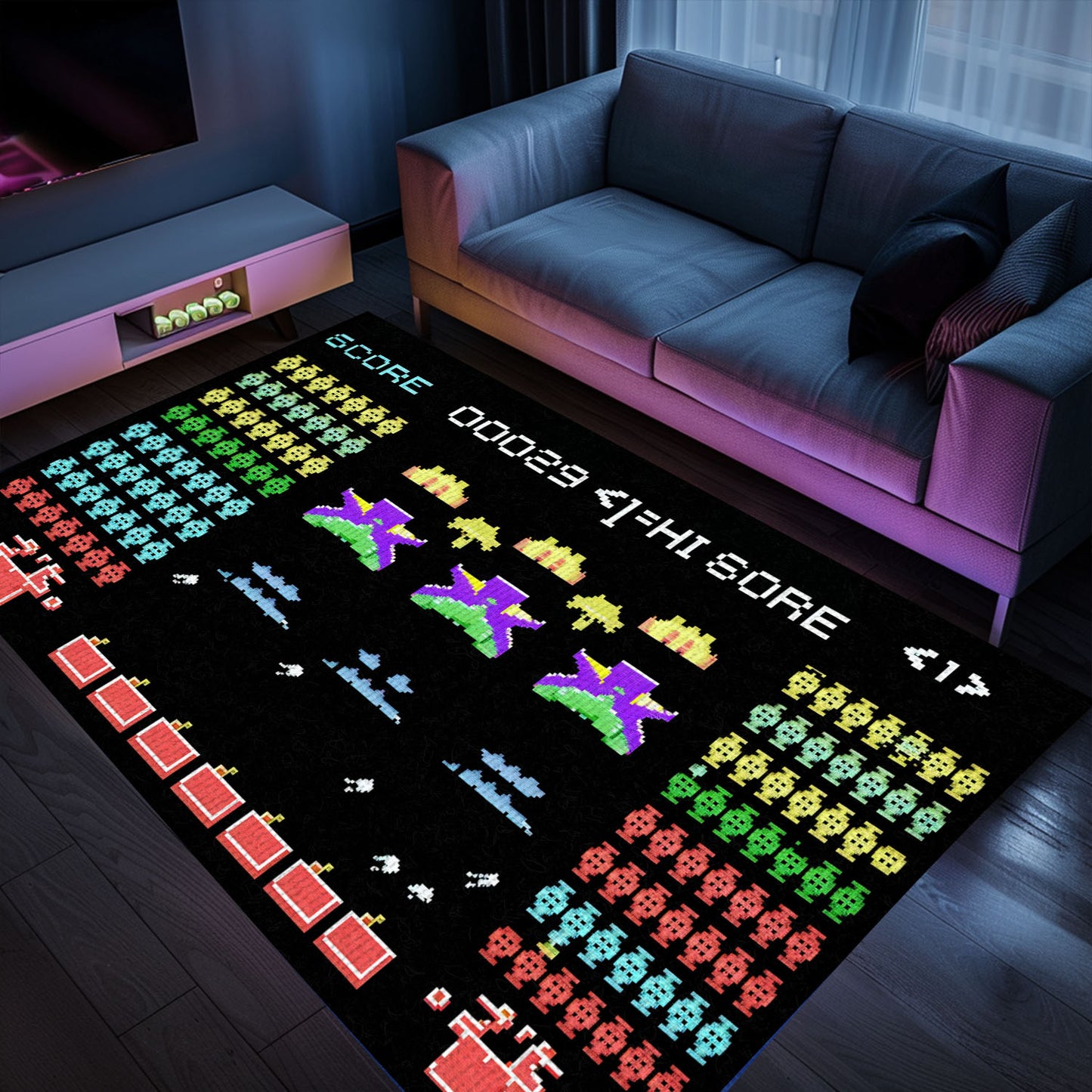 Dark and Neon 80s Arcade Carpet with Space Invaders: Ideal Decor for Video Game Enthusiasts, Arcade Decor, Gift for Gamers, Video Game Lovers G126