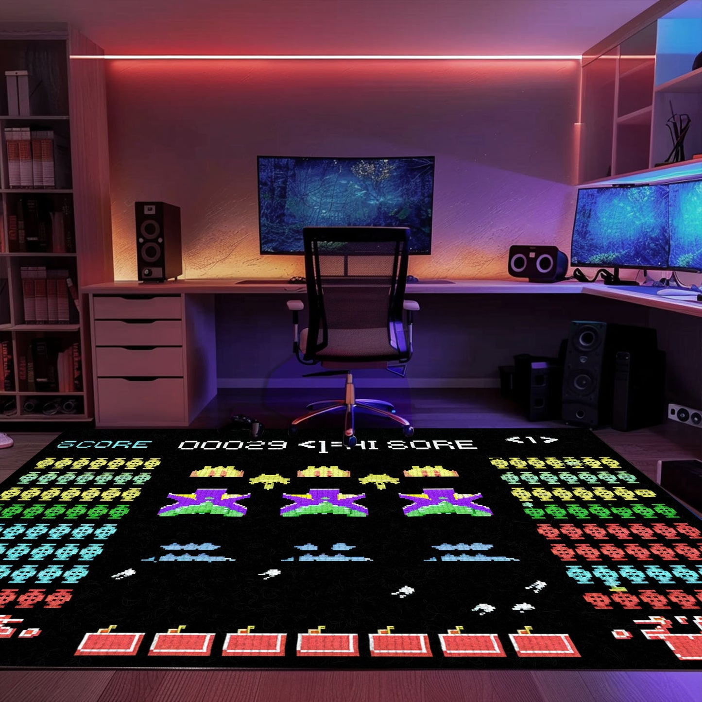 Dark and Neon 80s Arcade Carpet with Space Invaders: Ideal Decor for Video Game Enthusiasts, Arcade Decor, Gift for Gamers, Video Game Lovers G126