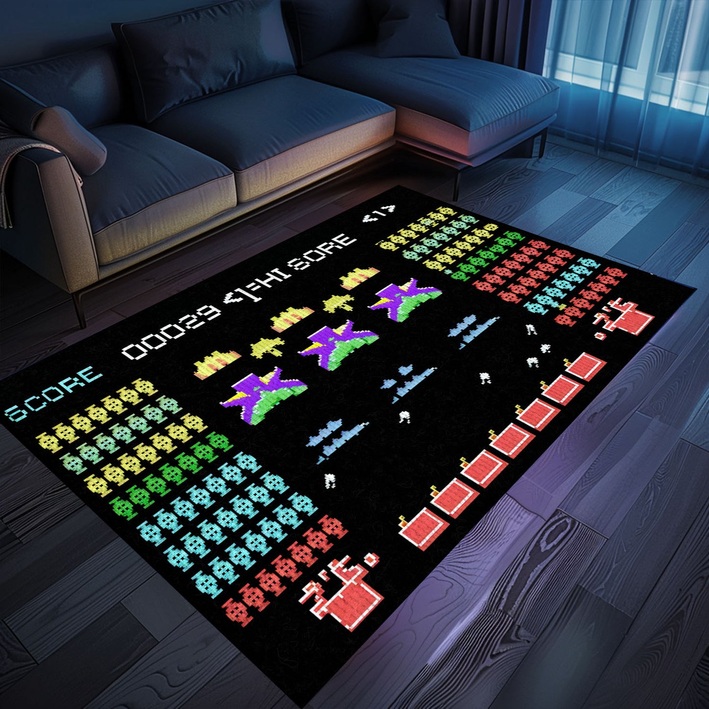 Dark and Neon 80s Arcade Carpet with Space Invaders: Ideal Decor for Video Game Enthusiasts, Arcade Decor, Gift for Gamers, Video Game Lovers G126