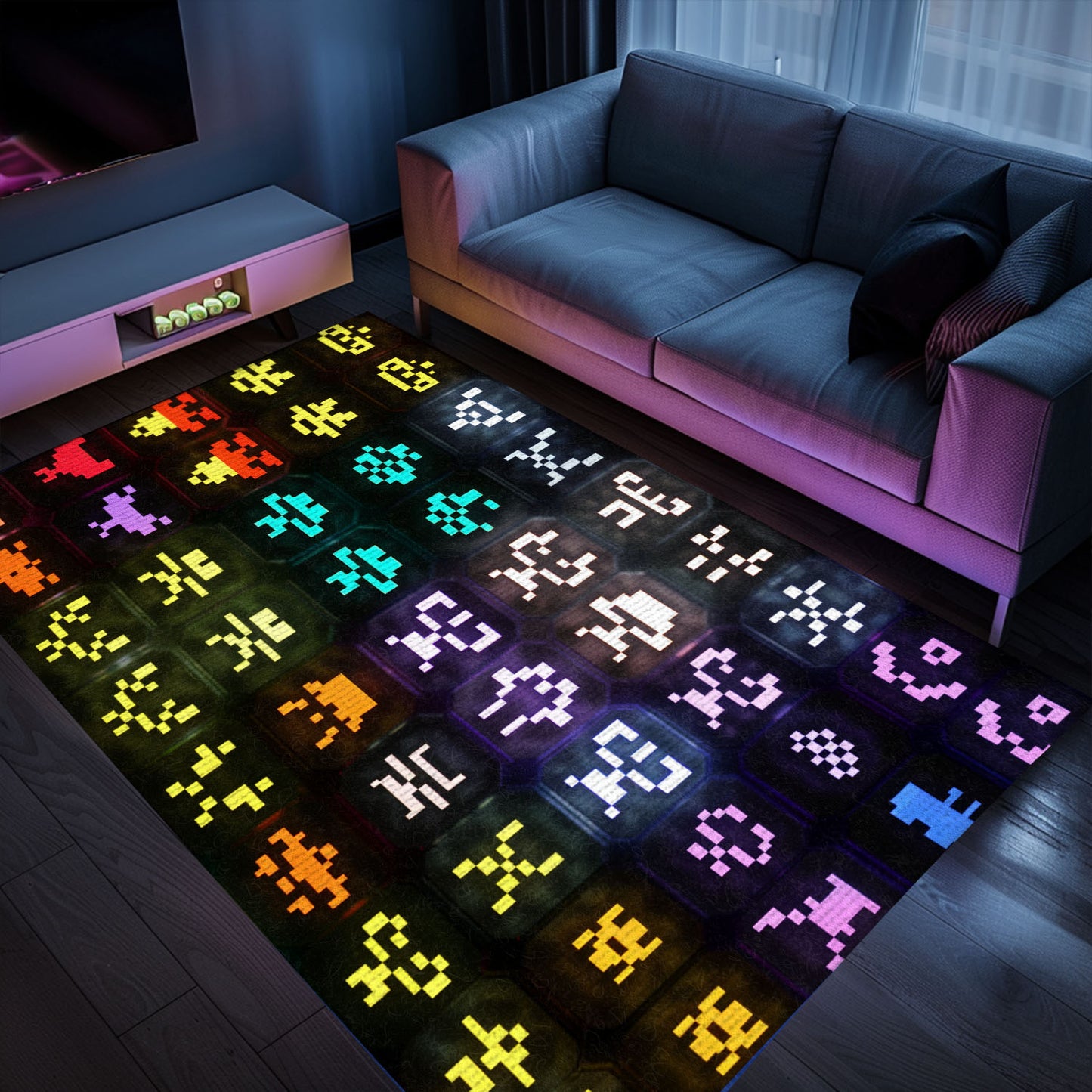 Dark and Neon 80s Arcade Carpet with Space Invaders: Perfect for Gamers Looking for Unique Decor, Arcade Decor, Gift for Gamers, Video Game Lovers G136