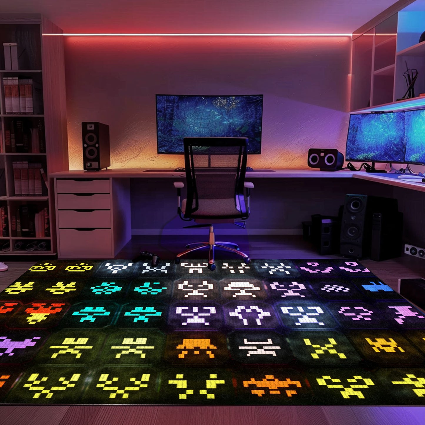Dark and Neon 80s Arcade Carpet with Space Invaders: Perfect for Gamers Looking for Unique Decor, Arcade Decor, Gift for Gamers, Video Game Lovers G136