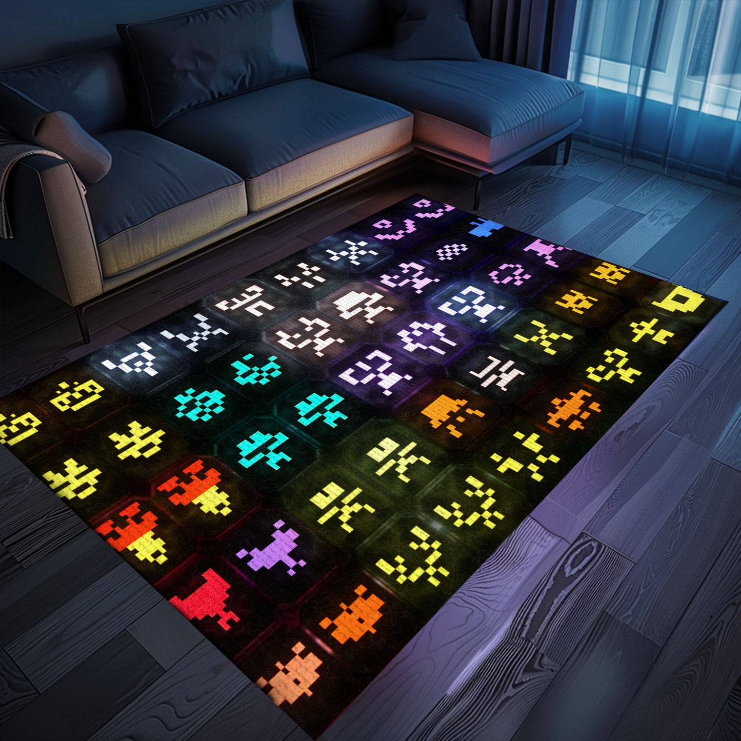 Dark and Neon 80s Arcade Carpet with Space Invaders: Perfect for Gamers Looking for Unique Decor, Arcade Decor, Gift for Gamers, Video Game Lovers G136