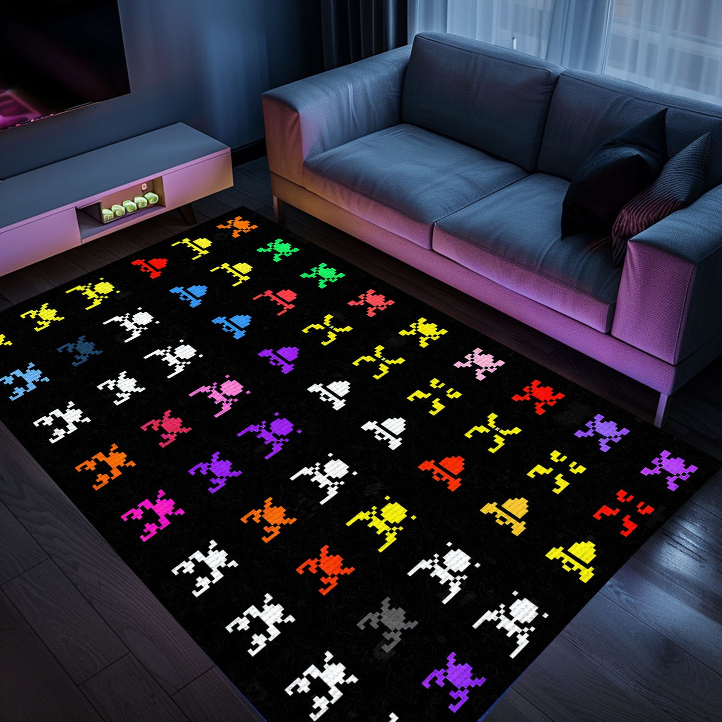 Stylish Dark and Neon 80s Arcade Carpet with Space Invaders: Transform Your Living Space with Retro Charm, Arcade Decor, Gift for Gamers, Video Game Lovers G123