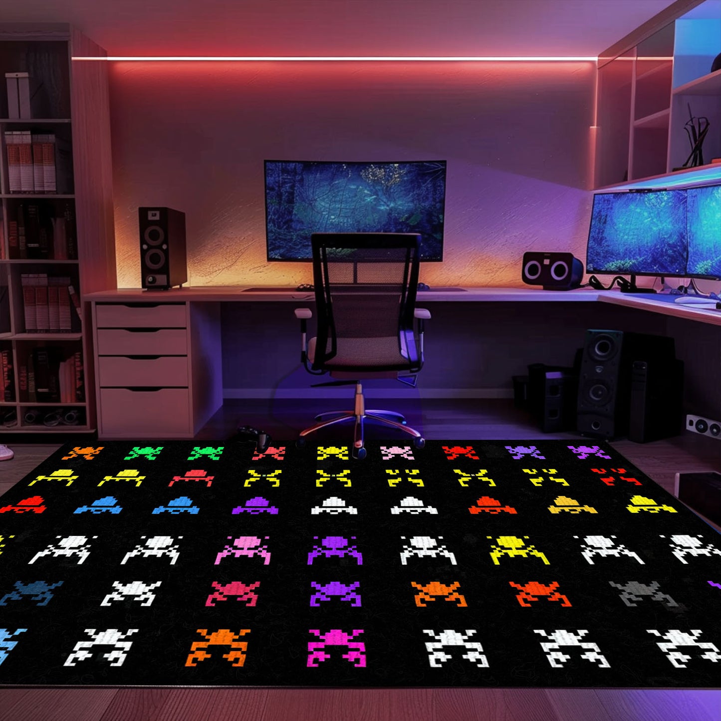 Stylish Dark and Neon 80s Arcade Carpet with Space Invaders: Transform Your Living Space with Retro Charm, Arcade Decor, Gift for Gamers, Video Game Lovers G123